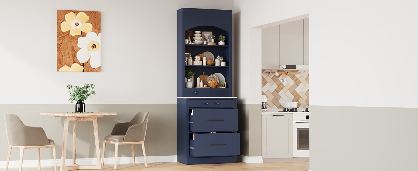 [Assembly Video Provided] TOPMAX Modern 83.7inch High Kitchen Pantry, Freestanding Tall Kitchen Hutch with Faux Marble Top, Display Cupboard Cabinet with 5 Storage Drawers and Adjustable Shelf, Blue - Image 3