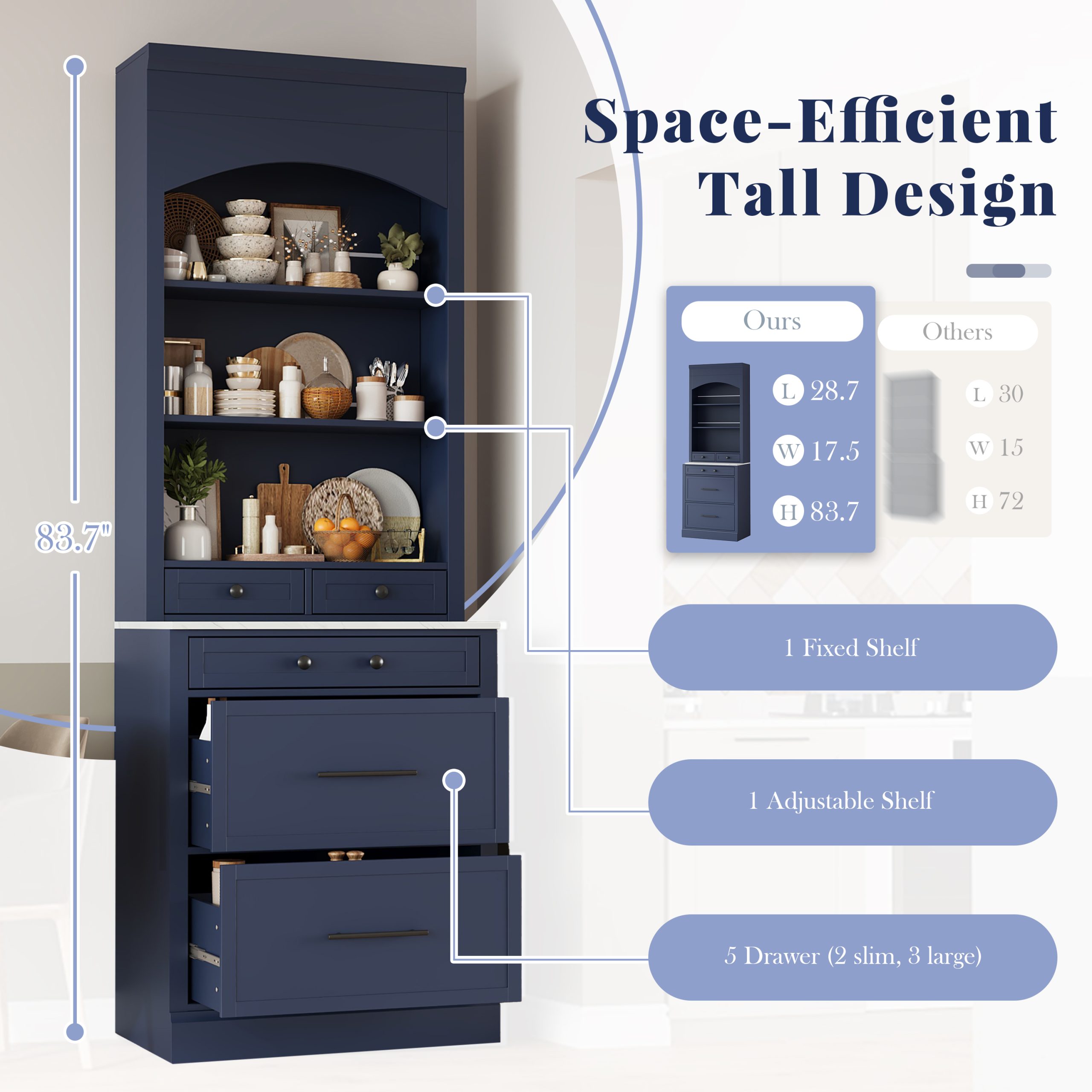 [Assembly Video Provided] TOPMAX Modern 83.7inch High Kitchen Pantry, Freestanding Tall Kitchen Hutch with Faux Marble Top, Display Cupboard Cabinet with 5 Storage Drawers and Adjustable Shelf, Blue - Image 6