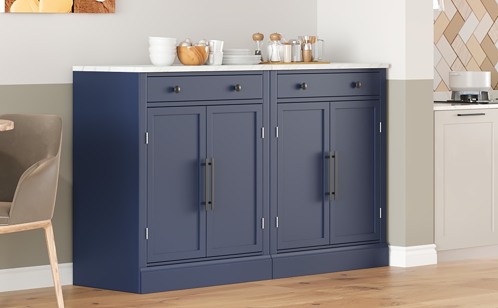 [Assembly Video Provided] TOPMAX Modern Freestanding Kitchen Pantry,Buffet Food Storage, Coffee Bar Cabinet with Drawer, 2 Adjustable Shelves and 2 Door Shelves for Dining, Kitchen, Set of 2, Blue - Image 3