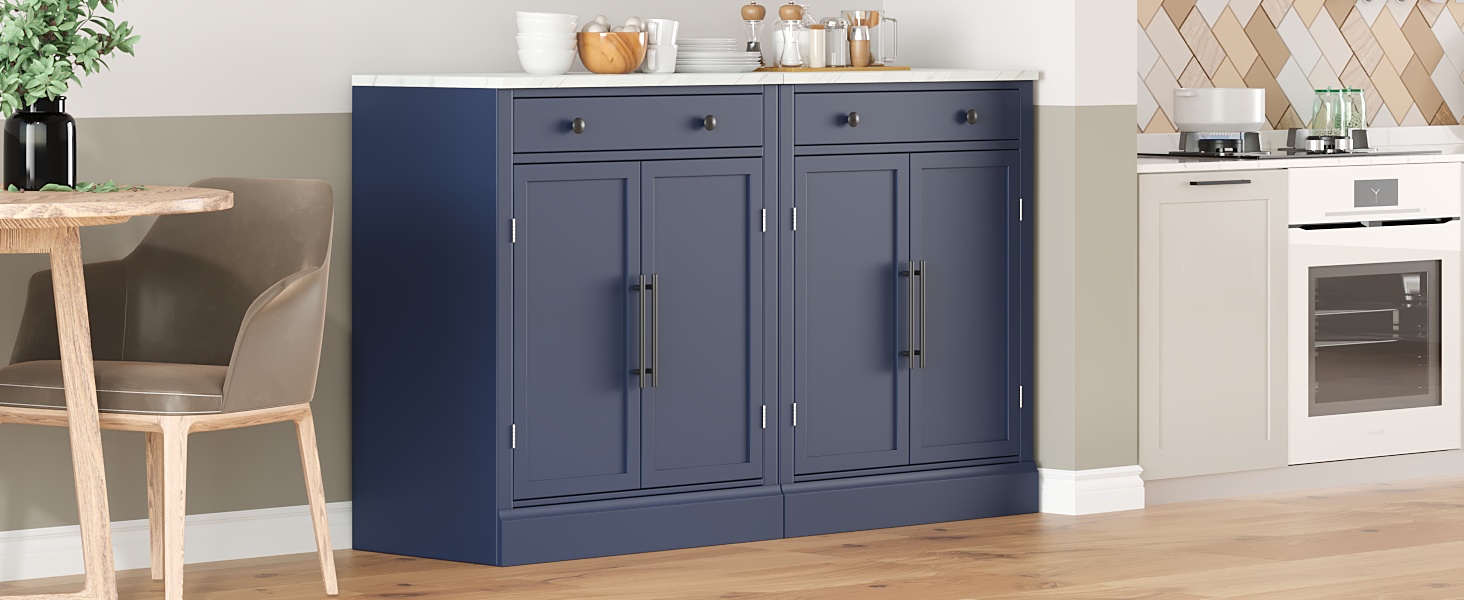 [Assembly Video Provided] TOPMAX Modern Freestanding Kitchen Pantry,Buffet Food Storage, Coffee Bar Cabinet with Drawer, 2 Adjustable Shelves and 2 Door Shelves for Dining, Kitchen, Set of 2, Blue - Image 2