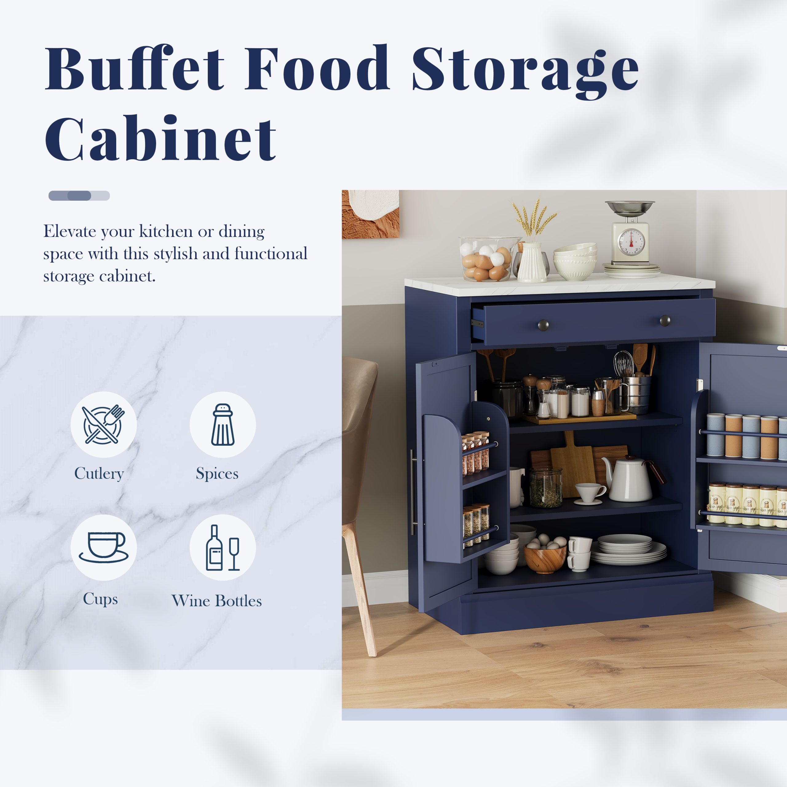 [Assembly Video Provided] TOPMAX Modern Freestanding Kitchen Pantry,Buffet Food Storage, Coffee Bar Cabinet with Drawer, 2 Adjustable Shelves and 2 Door Shelves for Dining, Kitchen, Blue - Image 5