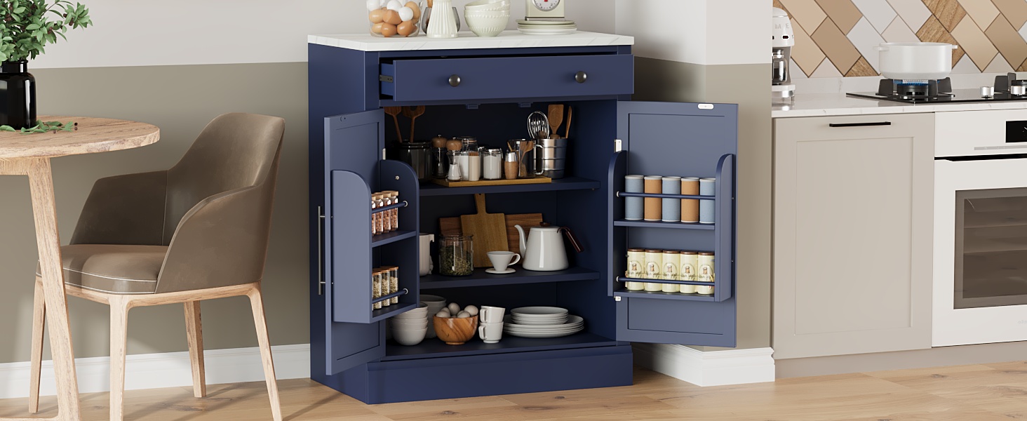 [Assembly Video Provided] TOPMAX Modern Freestanding Kitchen Pantry,Buffet Food Storage, Coffee Bar Cabinet with Drawer, 2 Adjustable Shelves and 2 Door Shelves for Dining, Kitchen, Blue - Image 2