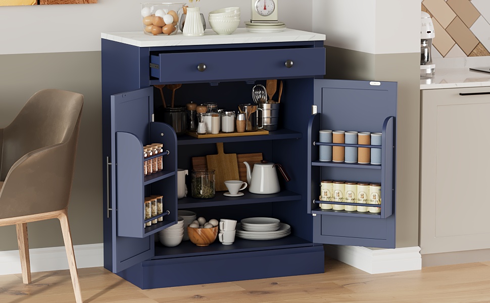 [Assembly Video Provided] TOPMAX Modern Freestanding Kitchen Pantry,Buffet Food Storage, Coffee Bar Cabinet with Drawer, 2 Adjustable Shelves and 2 Door Shelves for Dining, Kitchen, Blue - Image 3