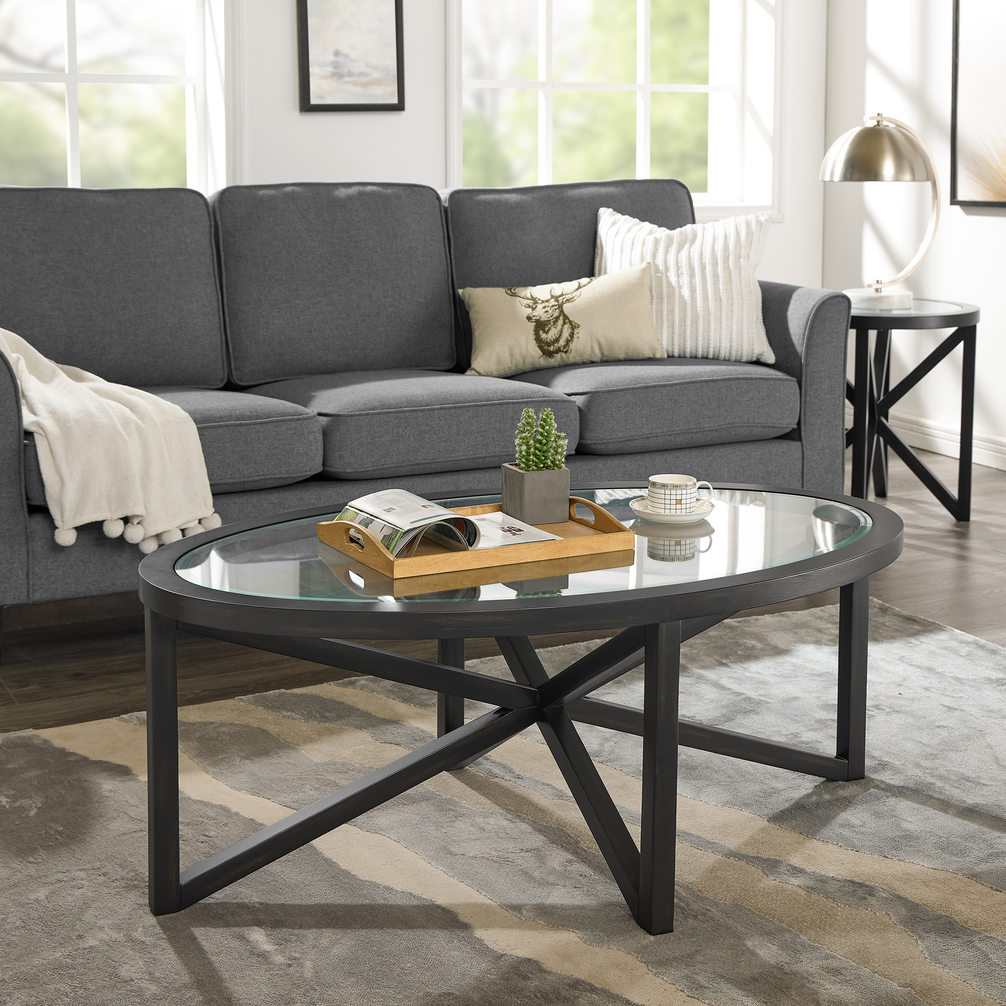Modern simple glass coffee table, tempered glass coffee table solid wood base round transparent glass top modern living room terrace study coffee table - Image 2