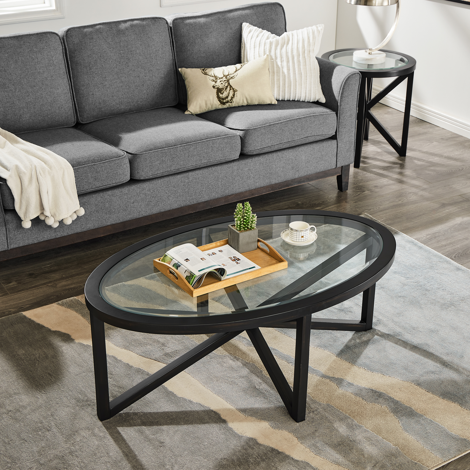 Modern simple glass coffee table, tempered glass coffee table solid wood base round transparent glass top modern living room terrace study coffee table - Image 3