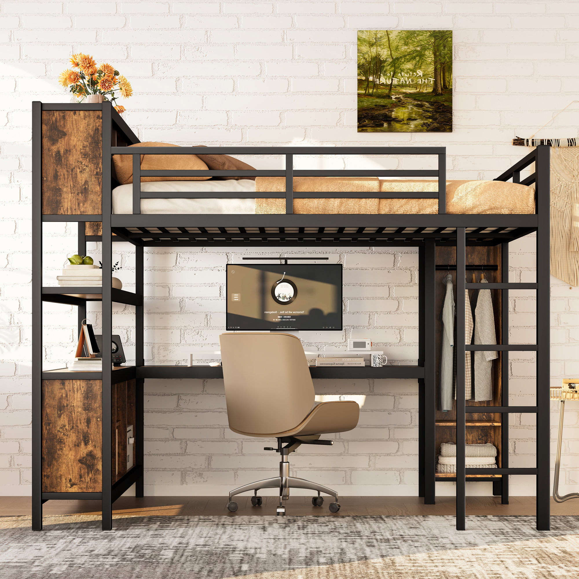 Metal Loft Bed with Wardrobe And L-shaped Desk, Queen Size Loft Bed with Storage Cubes and Shelves, Heavy Duty Loft Bed for Kids Teens Adults, Black Woodgrain - Image 2