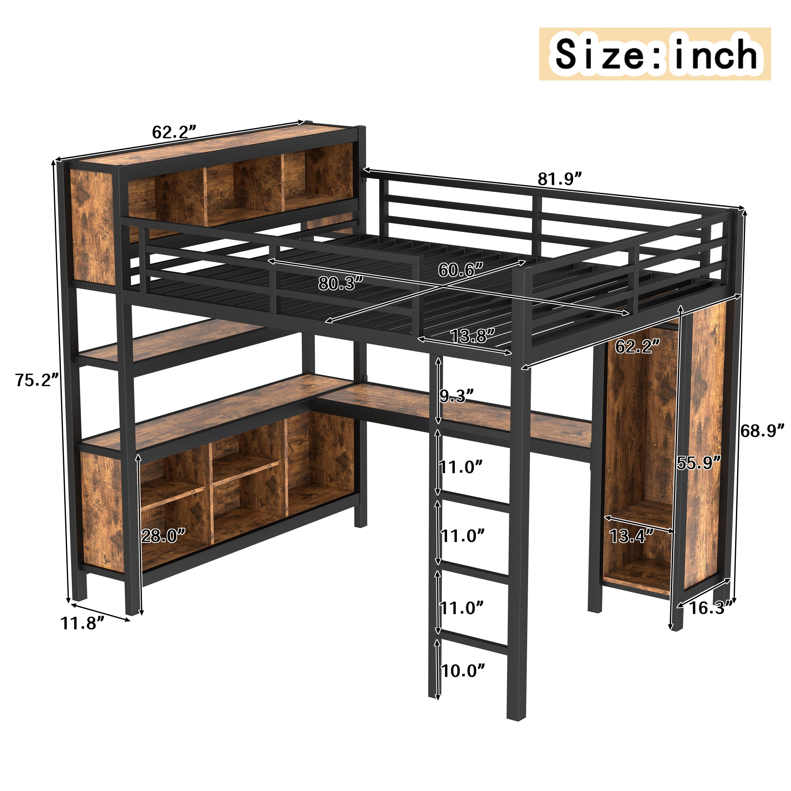 Metal Loft Bed with Wardrobe And L-shaped Desk, Queen Size Loft Bed with Storage Cubes and Shelves, Heavy Duty Loft Bed for Kids Teens Adults, Black Woodgrain - Image 3