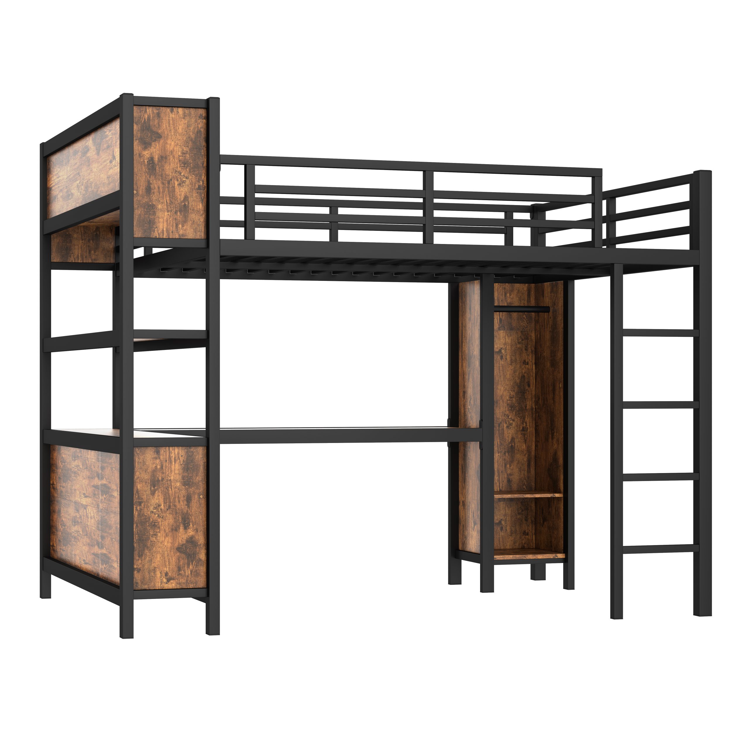 Metal Loft Bed with Wardrobe And L-shaped Desk, Queen Size Loft Bed with Storage Cubes and Shelves, Heavy Duty Loft Bed for Kids Teens Adults, Black Woodgrain - Image 4