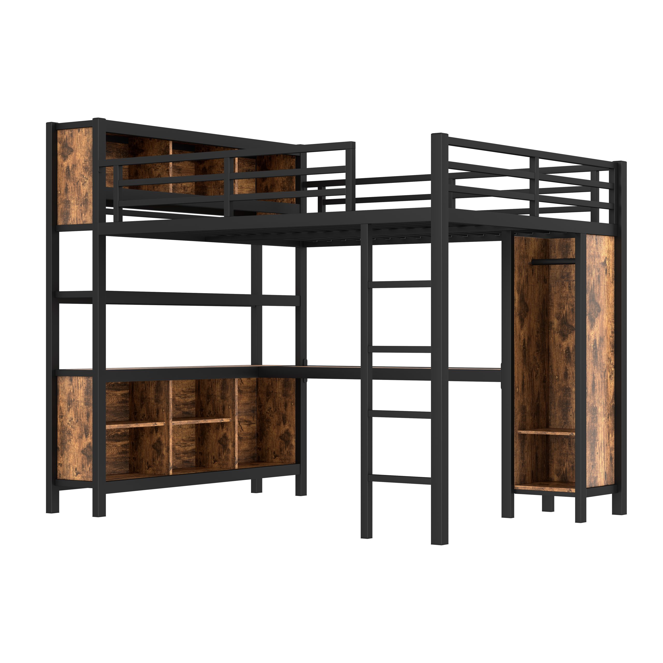 Metal Loft Bed with Wardrobe And L-shaped Desk, Queen Size Loft Bed with Storage Cubes and Shelves, Heavy Duty Loft Bed for Kids Teens Adults, Black Woodgrain - Image 5