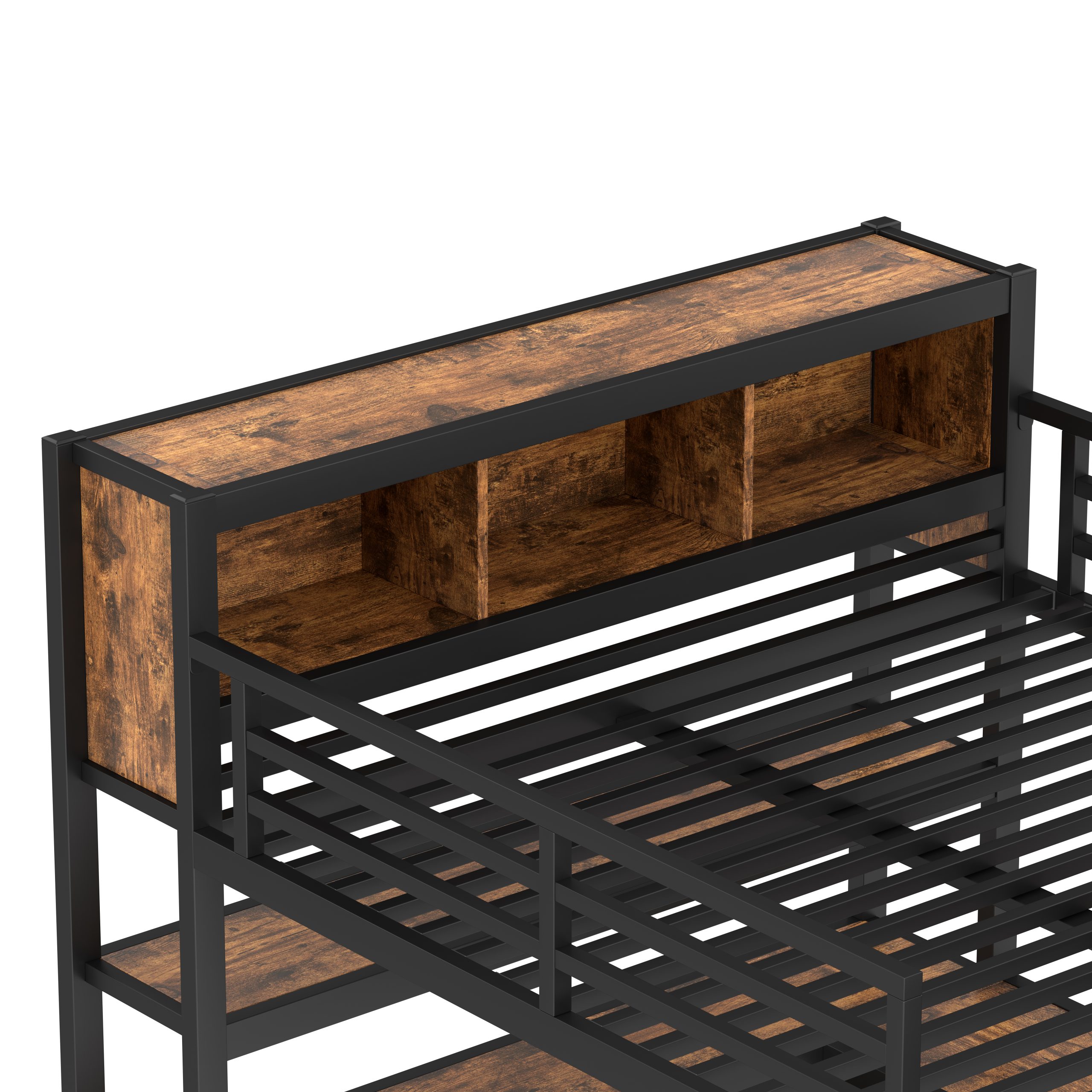 Metal Loft Bed with Wardrobe And L-shaped Desk, Queen Size Loft Bed with Storage Cubes and Shelves, Heavy Duty Loft Bed for Kids Teens Adults, Black Woodgrain - Image 6