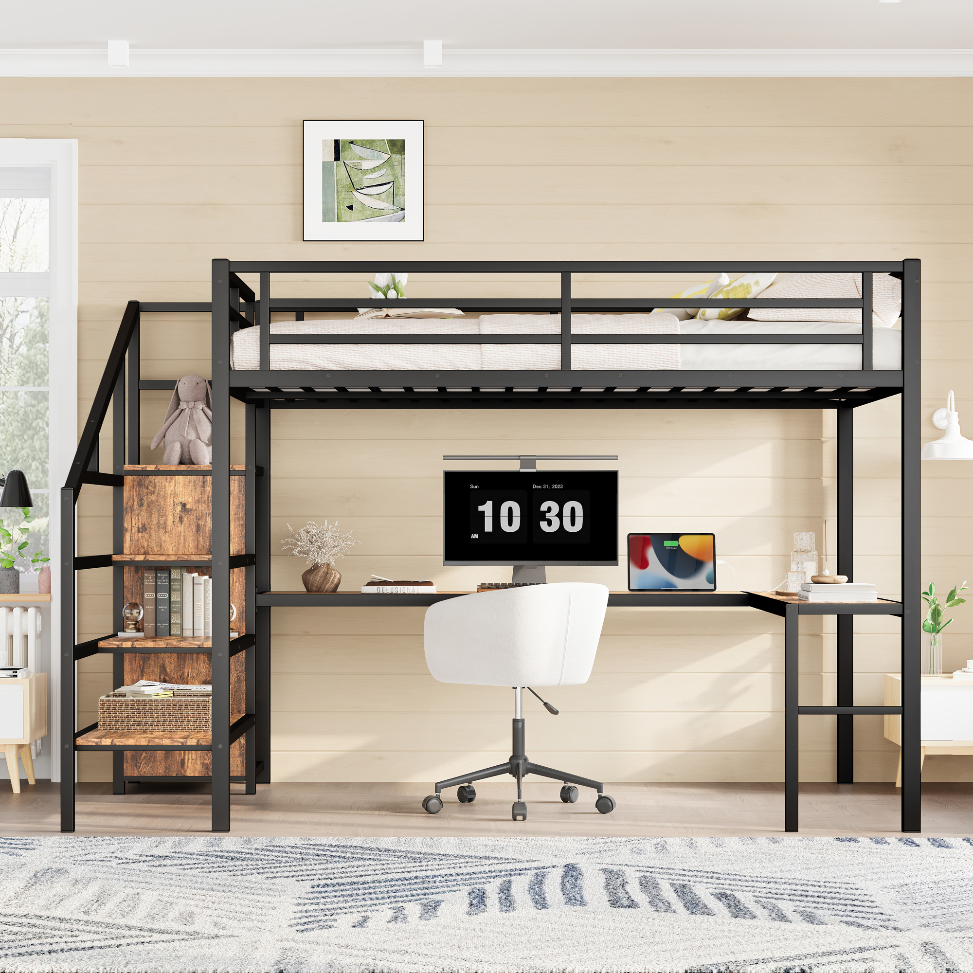 Queen Size Loft Bed with L-shaped Desk and USB, Metal Loft Bed with Wardrobe and Adjustable Shelf, High Loft Bed with LED for Kids Teens Adults, Wood-grain - Image 2