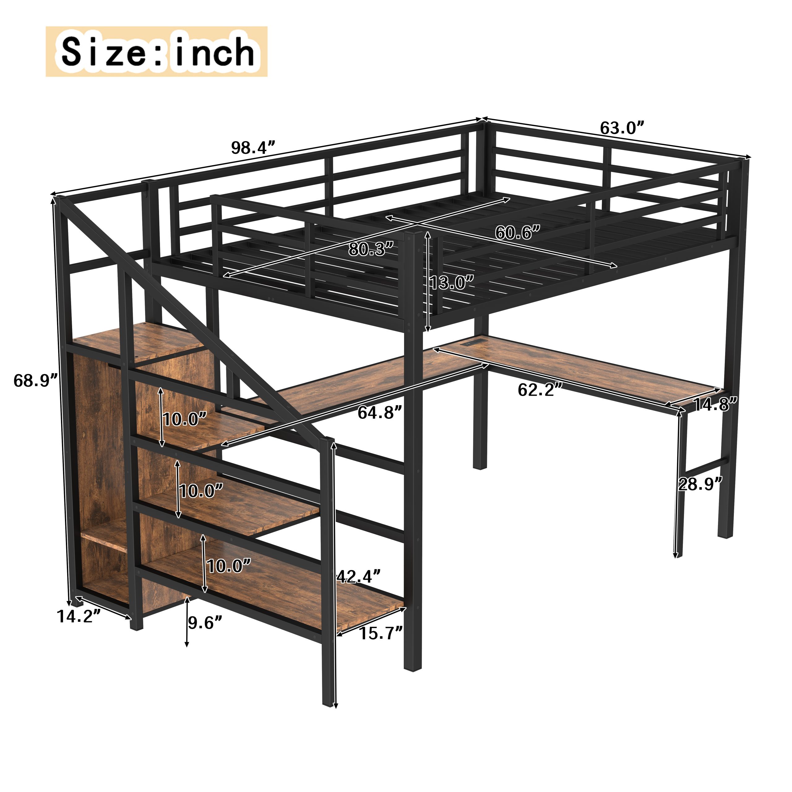 Queen Size Loft Bed with L-shaped Desk and USB, Metal Loft Bed with Wardrobe and Adjustable Shelf, High Loft Bed with LED for Kids Teens Adults, Wood-grain - Image 3