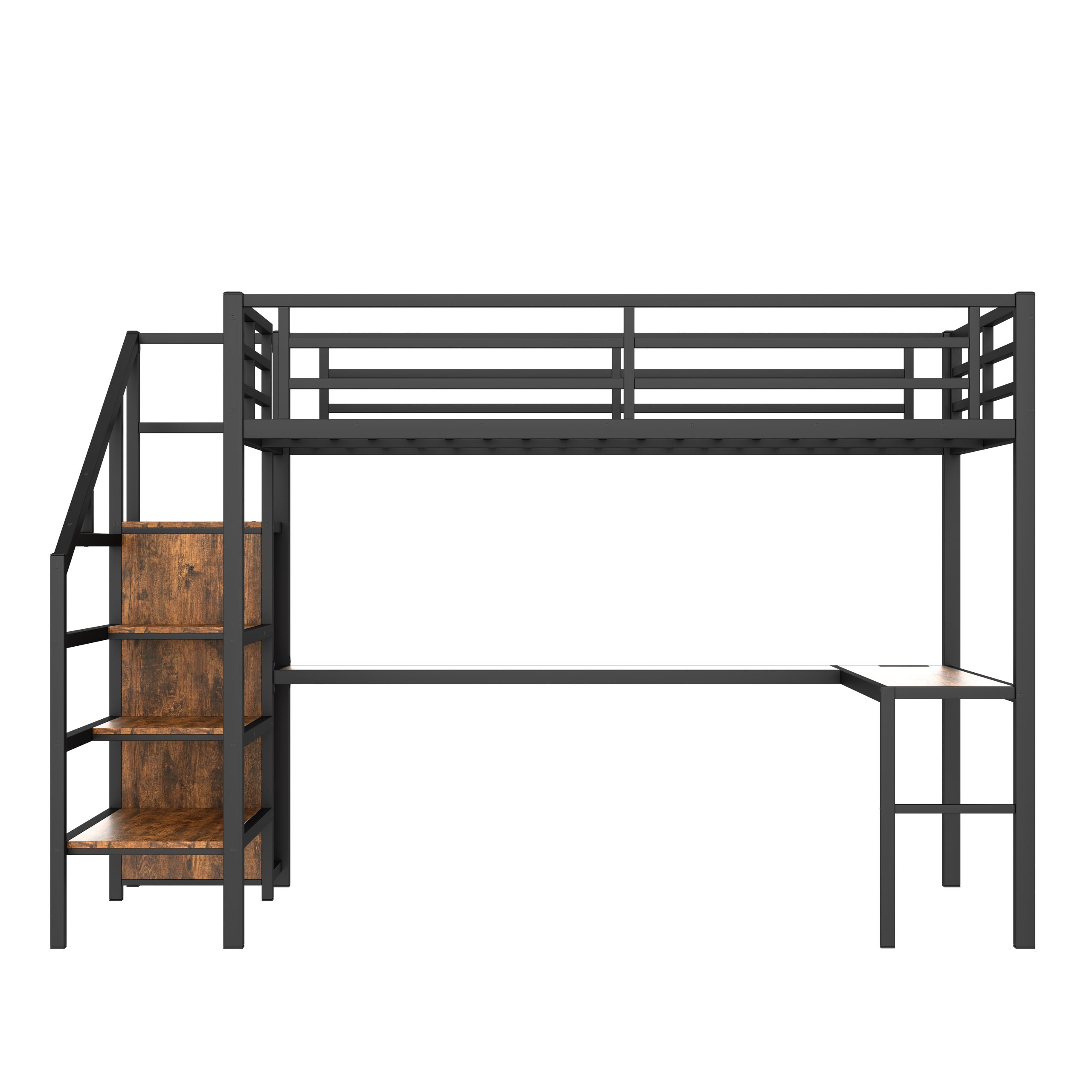 Queen Size Loft Bed with L-shaped Desk and USB, Metal Loft Bed with Wardrobe and Adjustable Shelf, High Loft Bed with LED for Kids Teens Adults, Wood-grain - Image 4