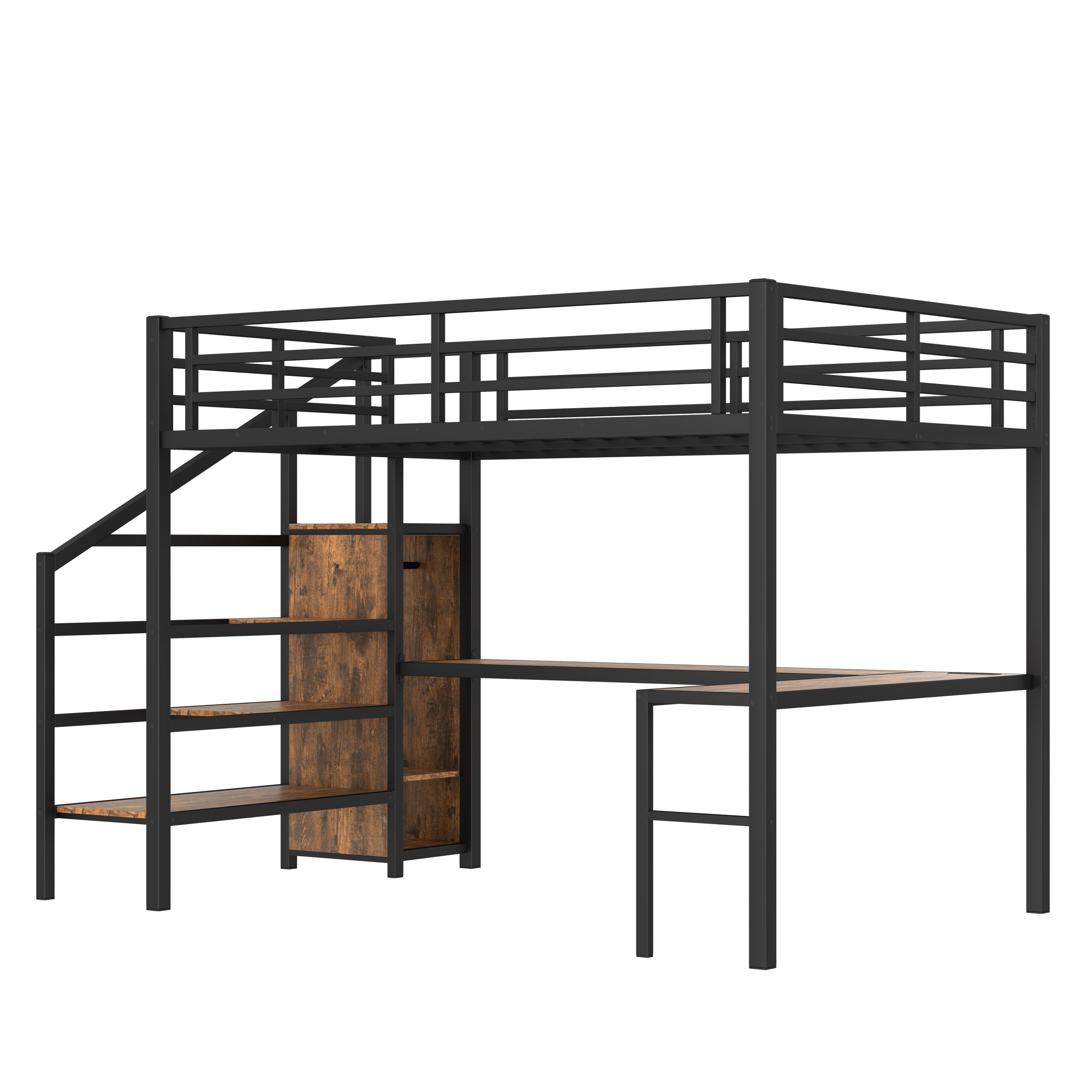 Queen Size Loft Bed with L-shaped Desk and USB, Metal Loft Bed with Wardrobe and Adjustable Shelf, High Loft Bed with LED for Kids Teens Adults, Wood-grain - Image 5