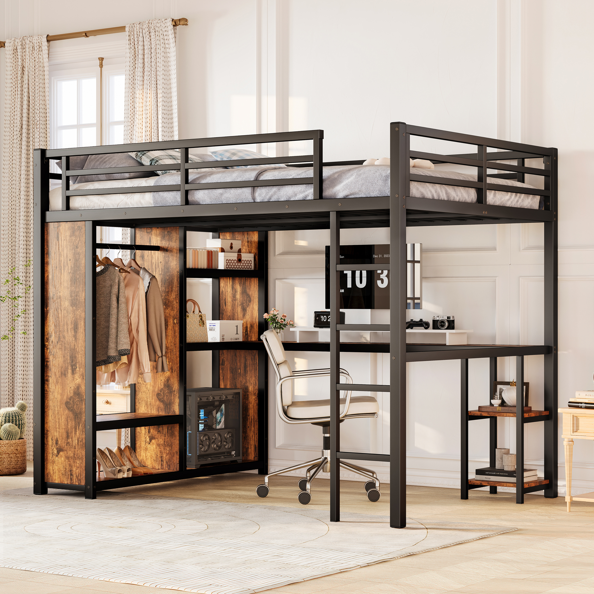 Queen Size Loft Bed Frame with Built-in Wardrobe, Metal Loft Bed with Desk and Storage Shelves, Woodgrain - Image 1