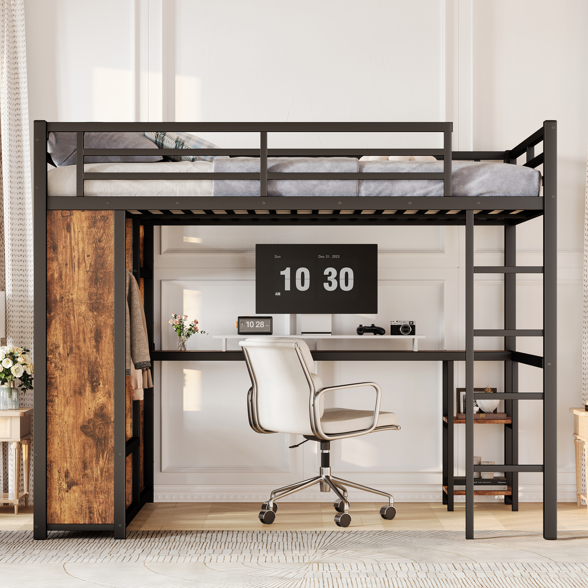Queen Size Loft Bed Frame with Built-in Wardrobe, Metal Loft Bed with Desk and Storage Shelves, Woodgrain - Image 2
