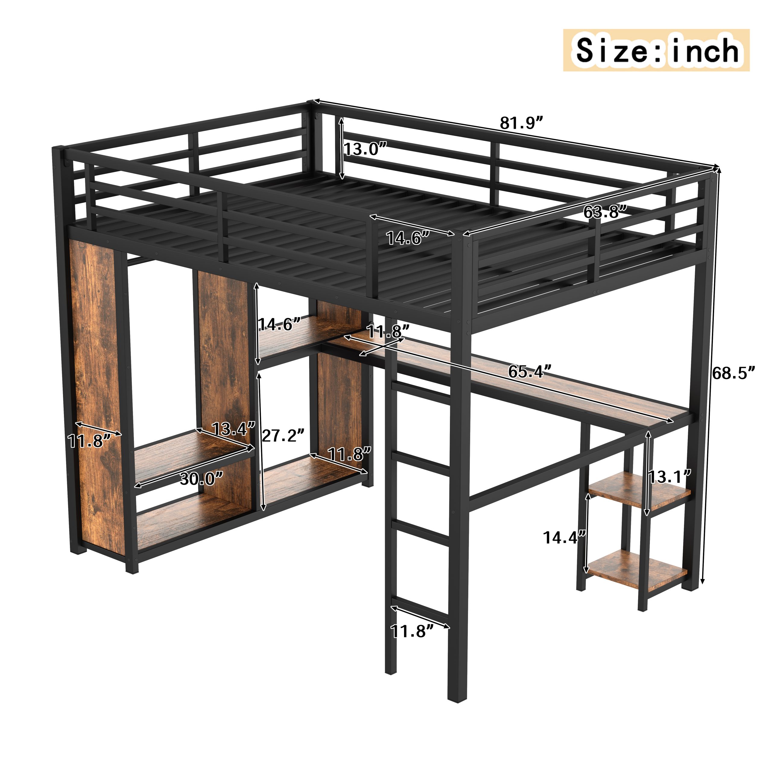 Queen Size Loft Bed Frame with Built-in Wardrobe, Metal Loft Bed with Desk and Storage Shelves, Woodgrain - Image 3