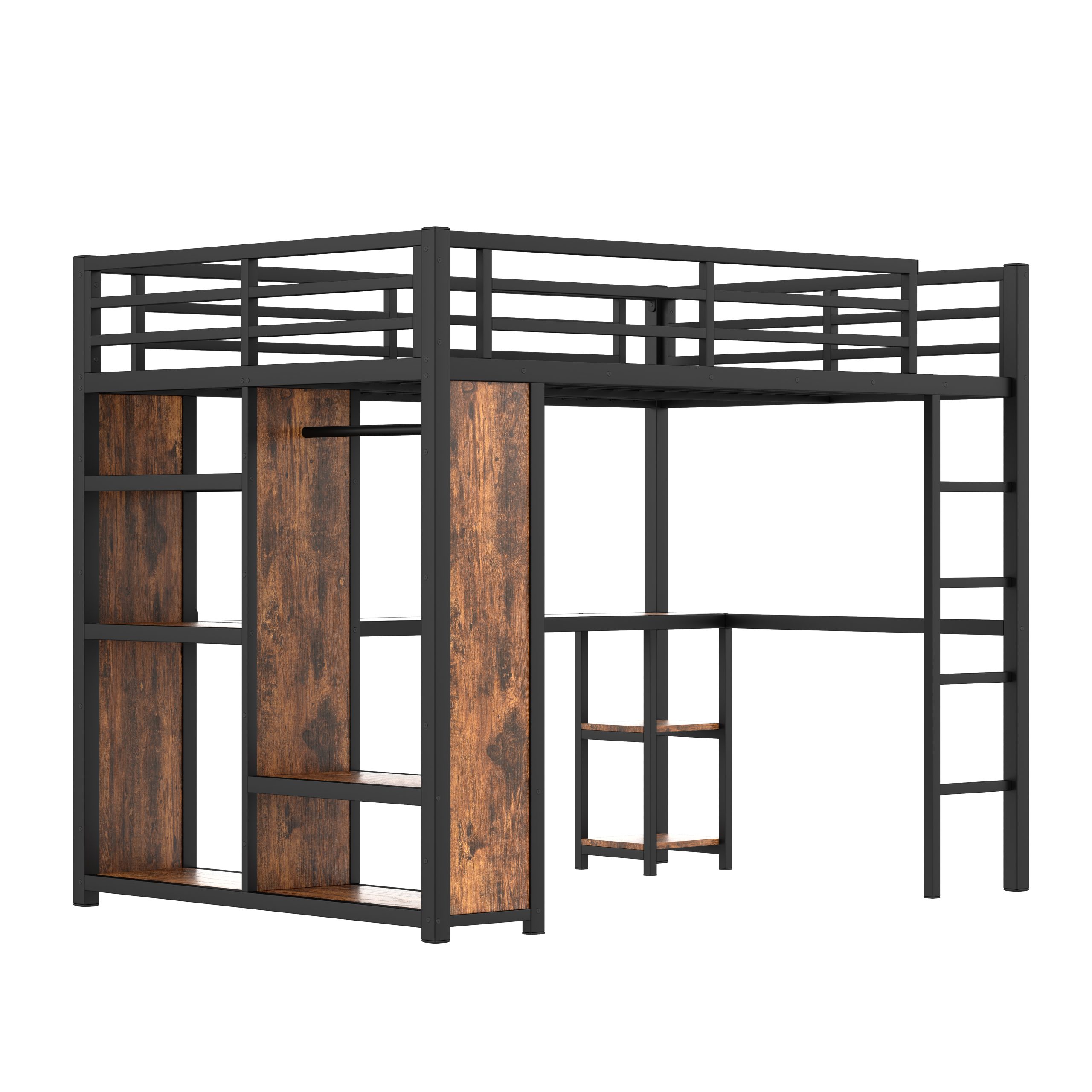 Queen Size Loft Bed Frame with Built-in Wardrobe, Metal Loft Bed with Desk and Storage Shelves, Woodgrain - Image 4