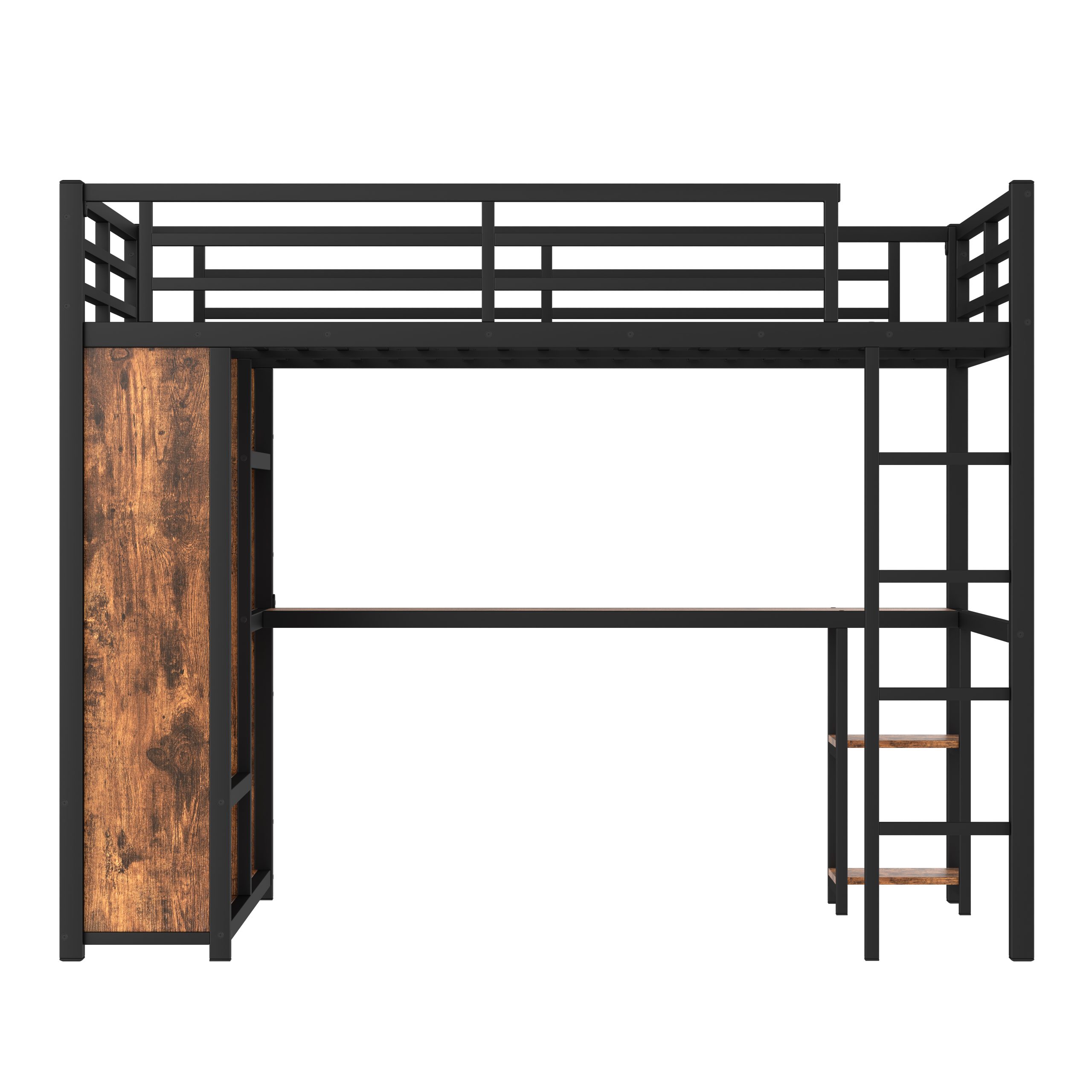 Queen Size Loft Bed Frame with Built-in Wardrobe, Metal Loft Bed with Desk and Storage Shelves, Woodgrain - Image 5