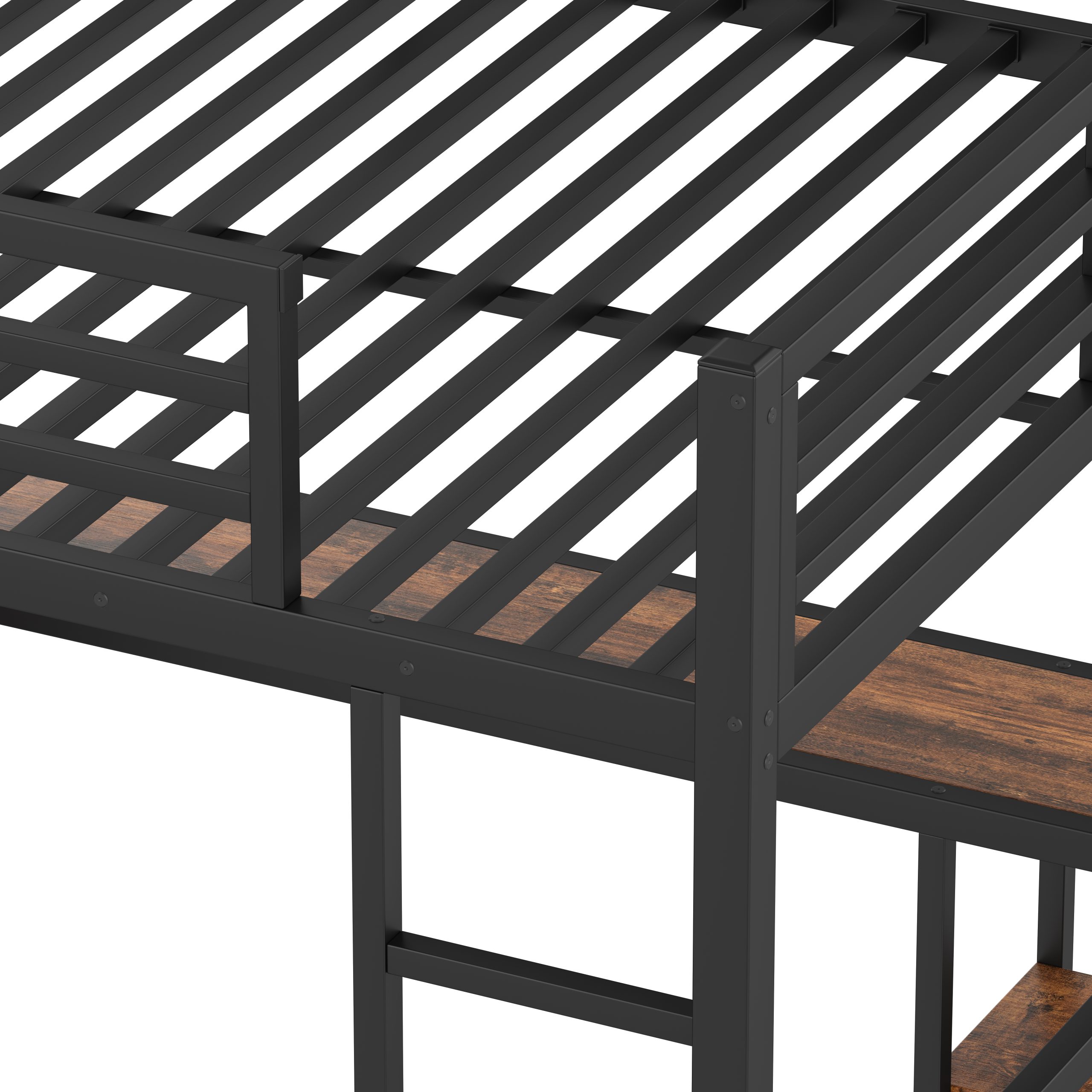 Queen Size Loft Bed Frame with Built-in Wardrobe, Metal Loft Bed with Desk and Storage Shelves, Woodgrain - Image 6