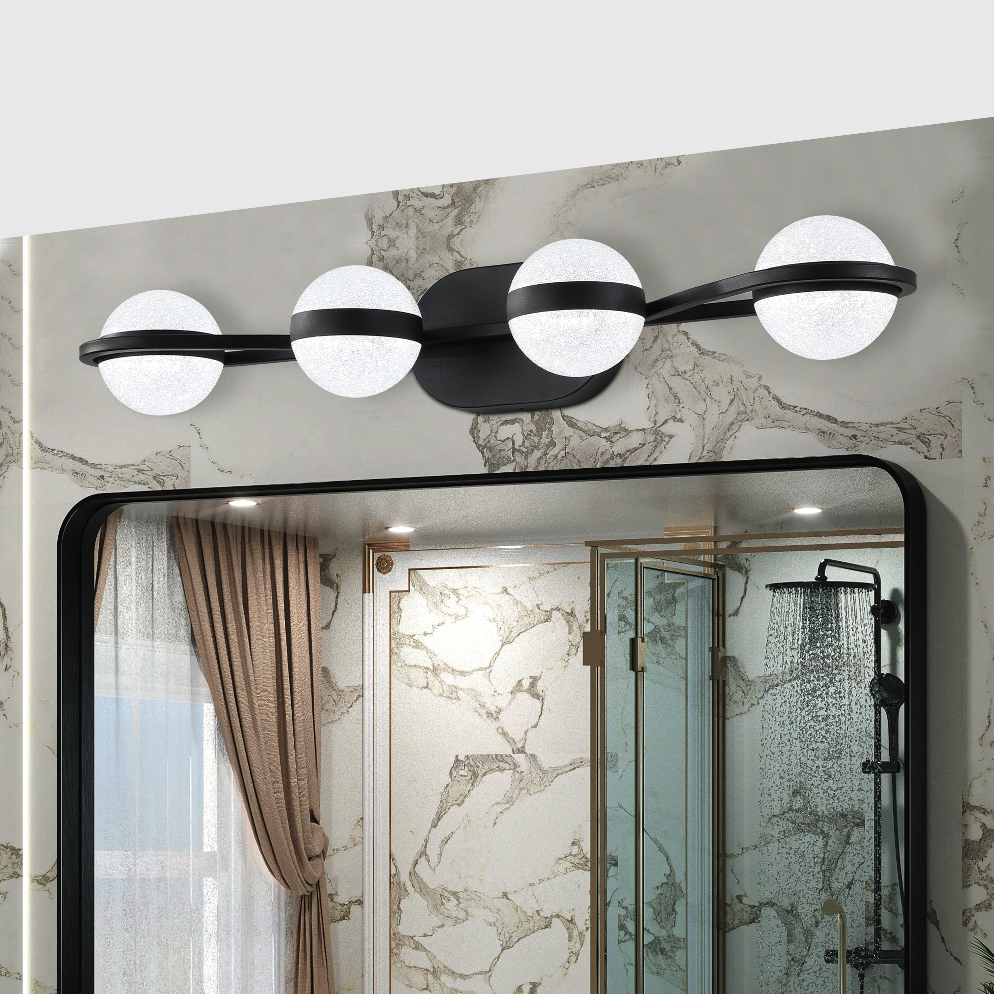 (Same as W1340P143677/L2001-B-4) 30" Black Minimalist LED Bathroom Vanity Light with Crystal Sand Acrylic Shades, 4-Light Wall Mounted Decorative Lighting Fixture, Suitable for Bathroom Vanity Mirror - Image 2