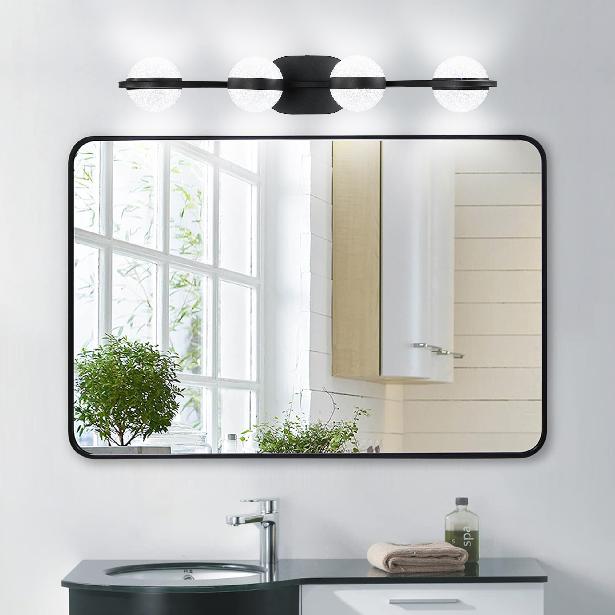 (Same as W1340P143677/L2001-B-4) 30" Black Minimalist LED Bathroom Vanity Light with Crystal Sand Acrylic Shades, 4-Light Wall Mounted Decorative Lighting Fixture, Suitable for Bathroom Vanity Mirror - Image 3