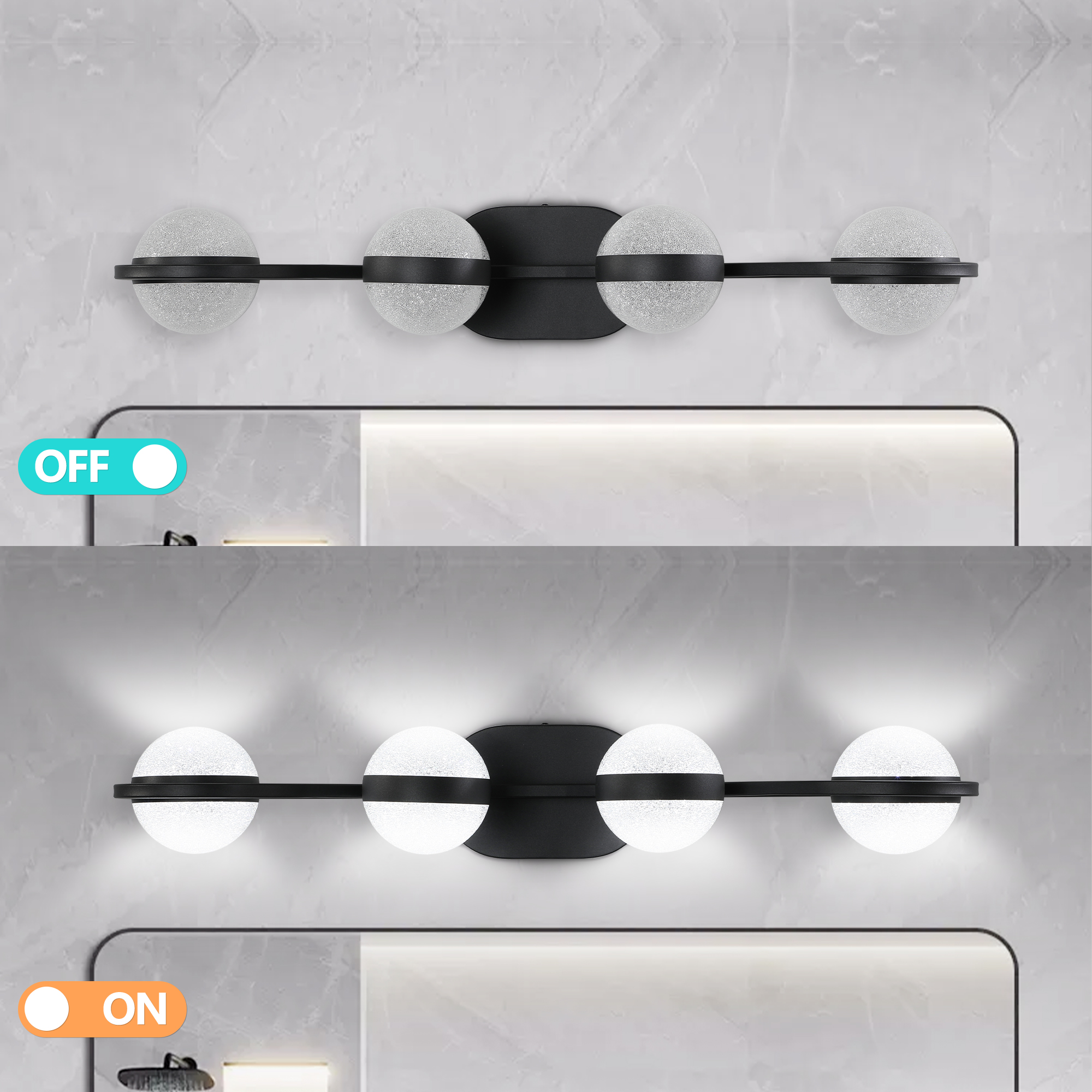 (Same as W1340P143677/L2001-B-4) 30" Black Minimalist LED Bathroom Vanity Light with Crystal Sand Acrylic Shades, 4-Light Wall Mounted Decorative Lighting Fixture, Suitable for Bathroom Vanity Mirror - Image 4