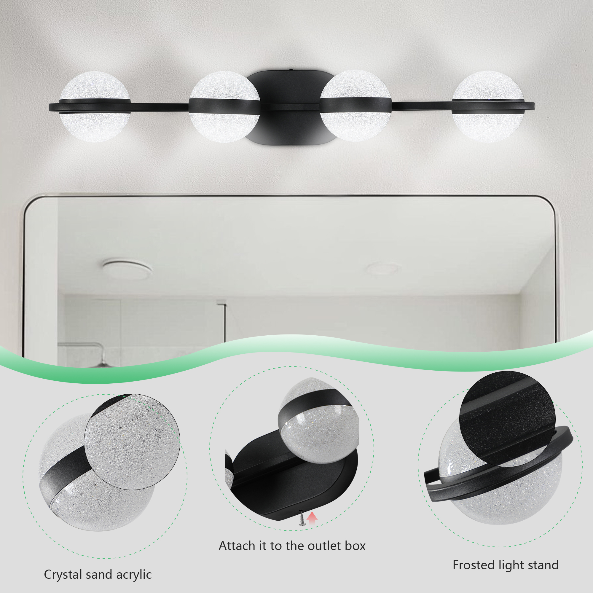 (Same as W1340P143677/L2001-B-4) 30" Black Minimalist LED Bathroom Vanity Light with Crystal Sand Acrylic Shades, 4-Light Wall Mounted Decorative Lighting Fixture, Suitable for Bathroom Vanity Mirror - Image 5