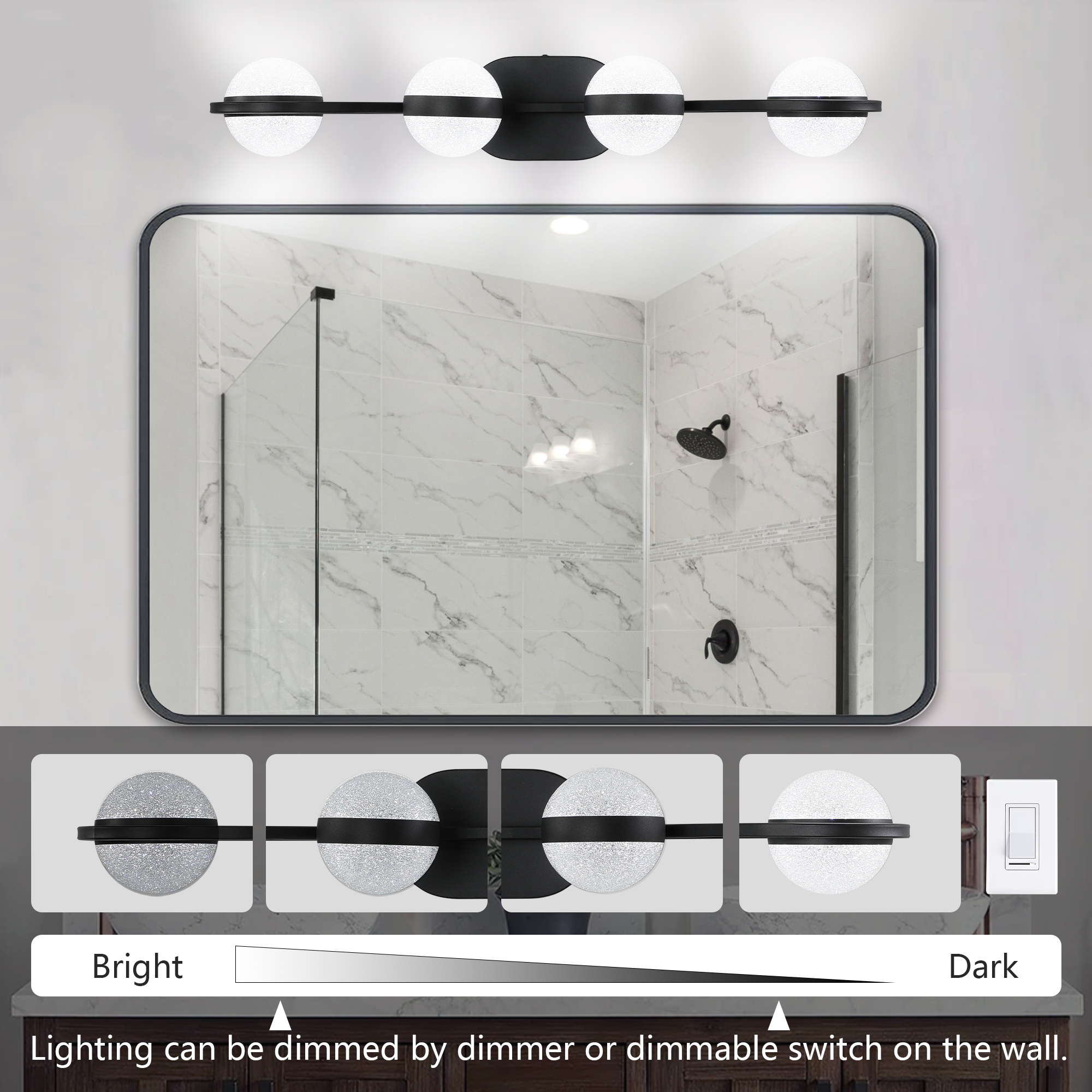 (Same as W1340P143677/L2001-B-4) 30" Black Minimalist LED Bathroom Vanity Light with Crystal Sand Acrylic Shades, 4-Light Wall Mounted Decorative Lighting Fixture, Suitable for Bathroom Vanity Mirror - Image 6