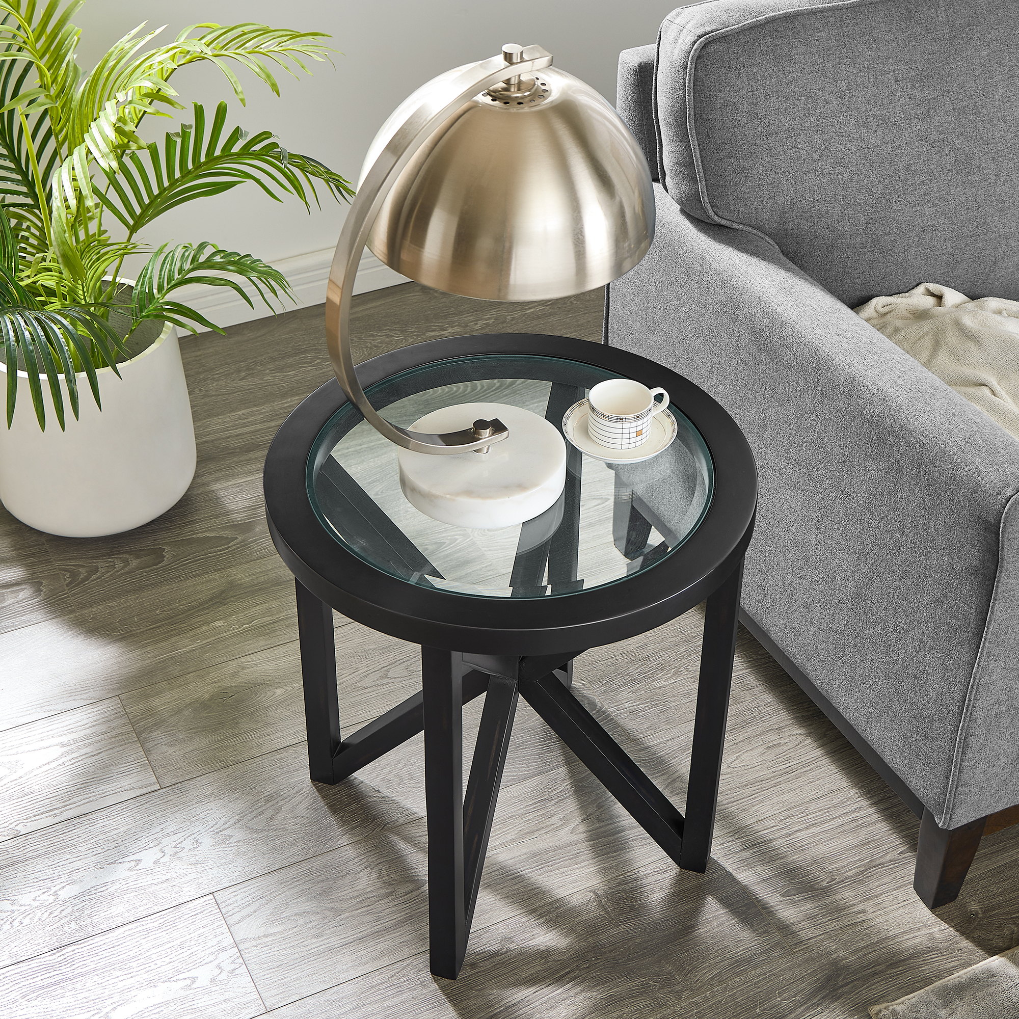 Modern simple glass coffee table, tempered glass coffee table solid wood base round transparent glass top modern living room terrace study coffee table - Image 2