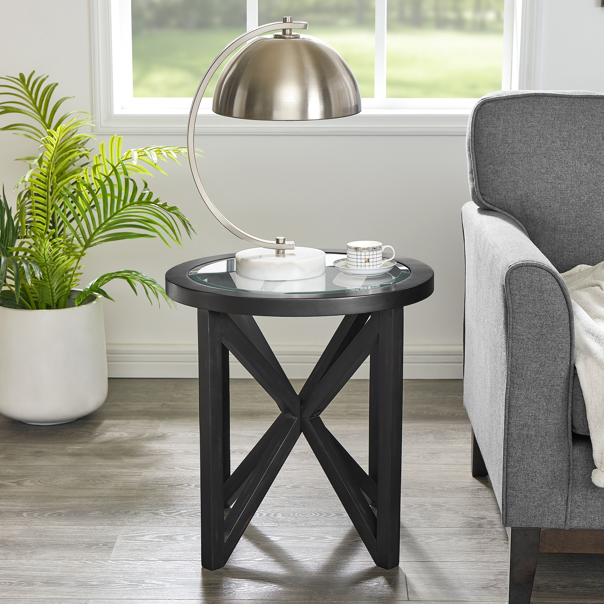 Modern simple glass coffee table, tempered glass coffee table solid wood base round transparent glass top modern living room terrace study coffee table - Image 3
