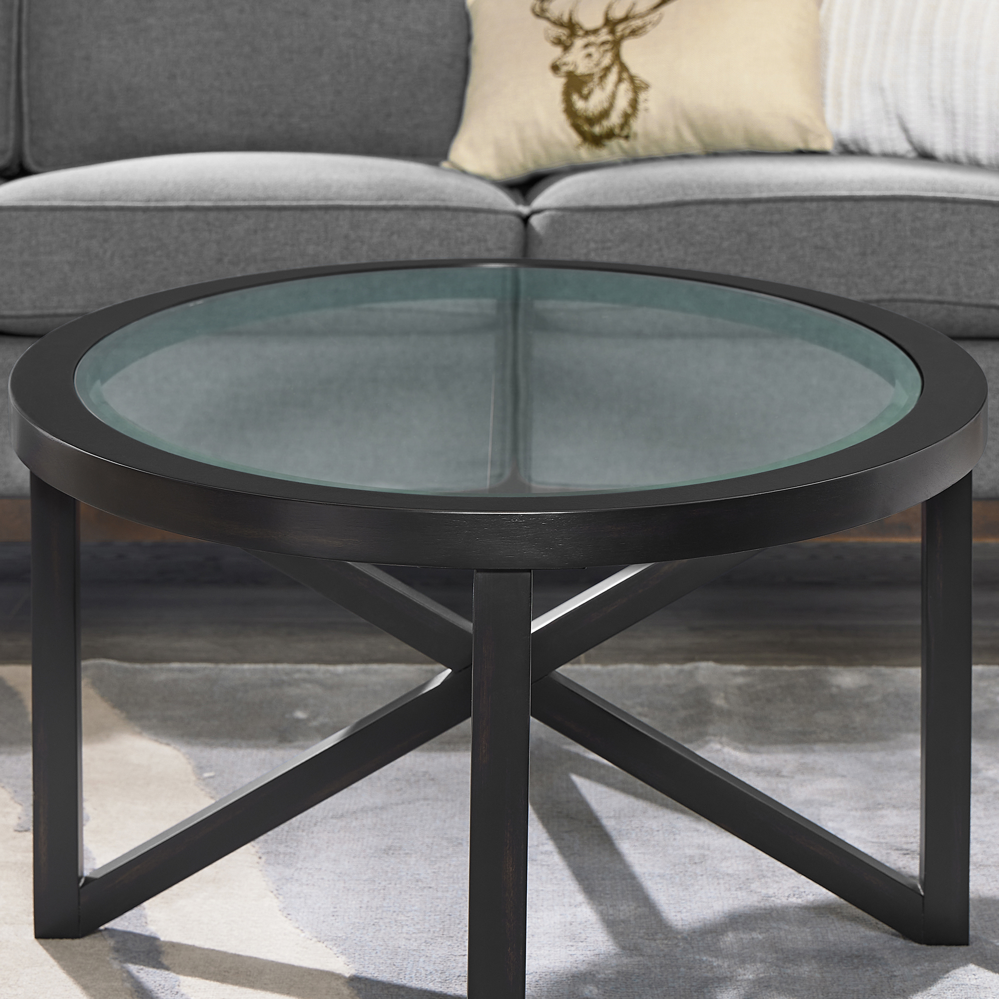 Modern simple glass coffee table, tempered glass coffee table solid wood base round transparent glass top modern living room terrace study coffee table - Image 4