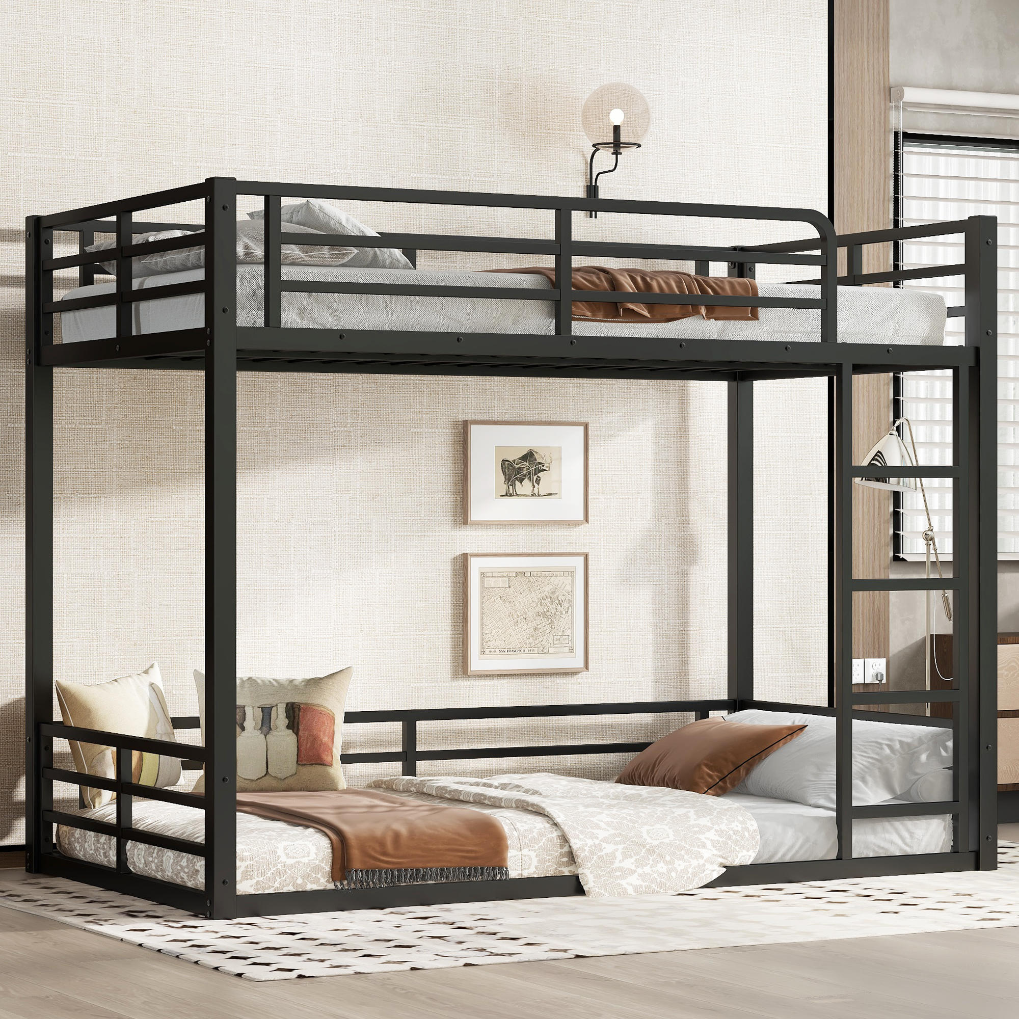 Metal Bunk Bed, Twin XL over Twin XL Floor Bunk Bed Frame, Heavy-Duty Bunk Bed for Kids, Teens, Adults, Noise-reduced Design, Black - Image 1