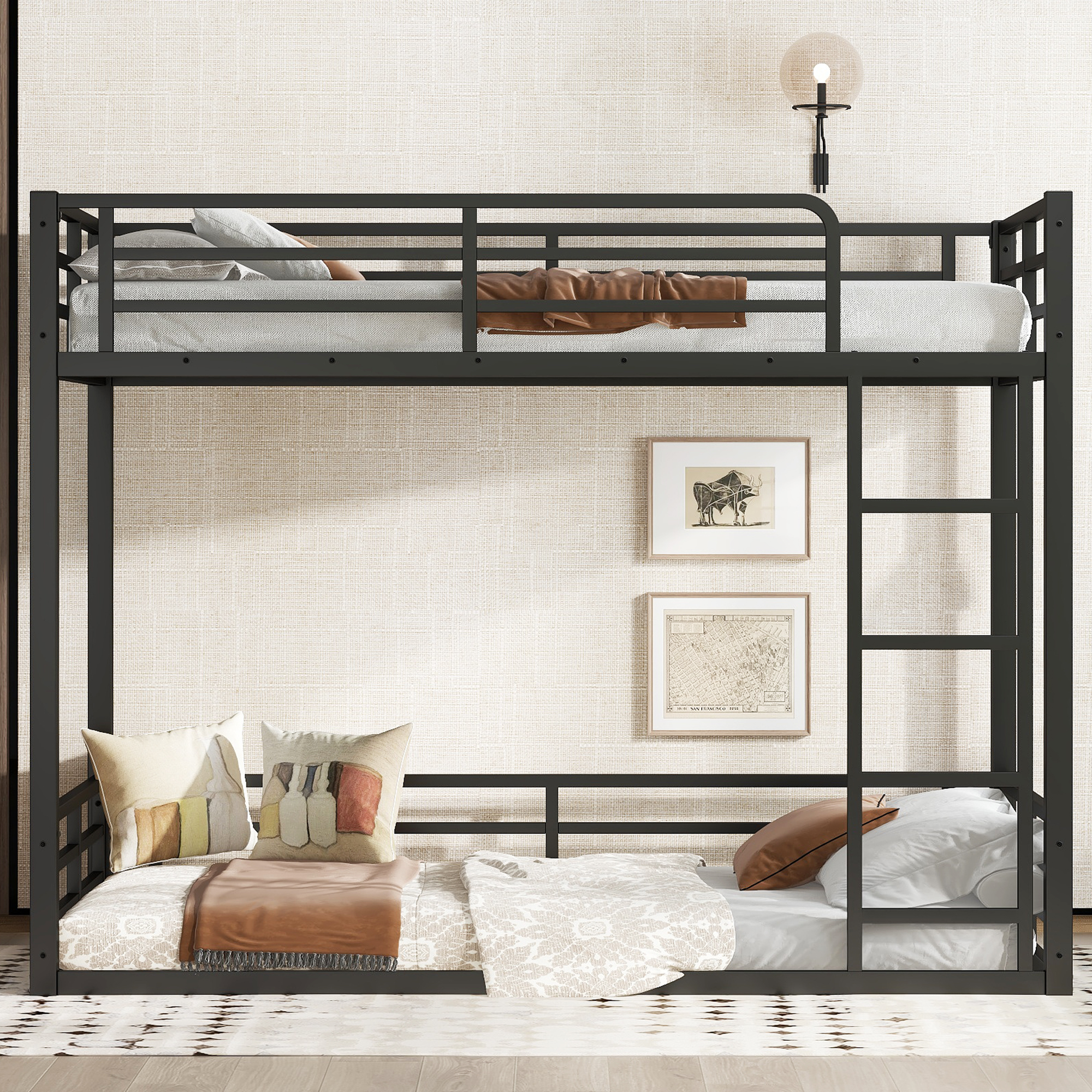 Metal Bunk Bed, Twin XL over Twin XL Floor Bunk Bed Frame, Heavy-Duty Bunk Bed for Kids, Teens, Adults, Noise-reduced Design, Black - Image 2