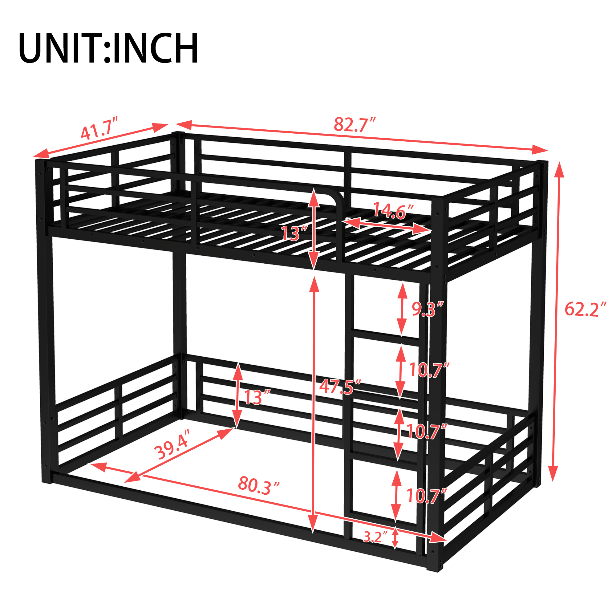Metal Bunk Bed, Twin XL over Twin XL Floor Bunk Bed Frame, Heavy-Duty Bunk Bed for Kids, Teens, Adults, Noise-reduced Design, Black - Image 3