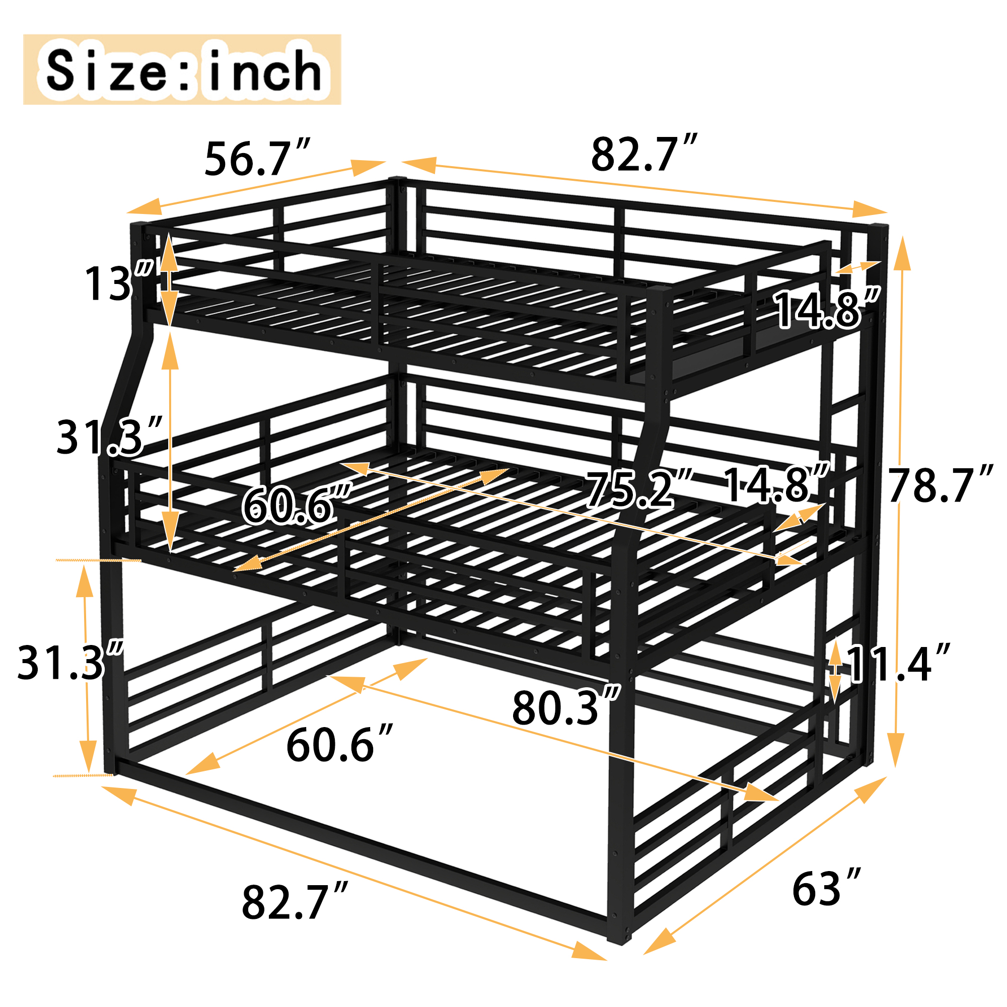 Full/Full XL over Queen over Queen Bunk Bed, Metal Triple Bunk Bed with Safety Guardrails, Heavy-duty Bunk Bed with Noise-reduced Design, Black - Image 3