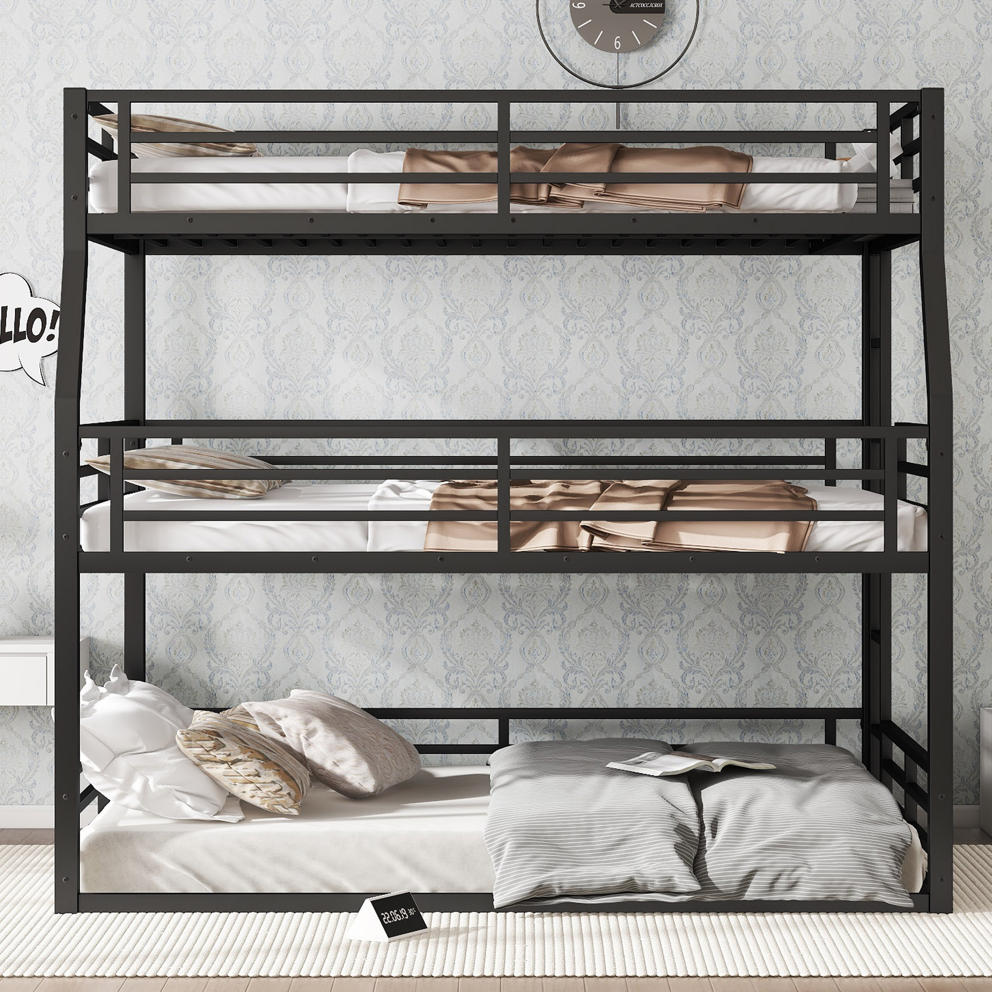 Full/Full XL over Queen over Queen Bunk Bed, Metal Triple Bunk Bed with Safety Guardrails, Heavy-duty Bunk Bed with Noise-reduced Design, Black - Image 2