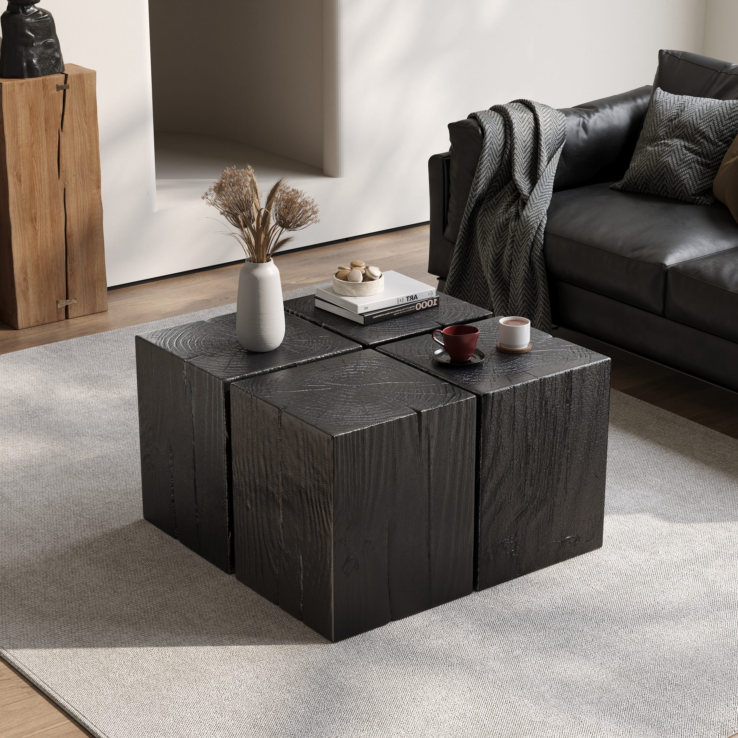 Wood-Look Square-Column MGO End Table, H18",Wood-Like Distressed Finish, Mix with Different Heights, Indoor Outdoor Use,Black Color - Image 5