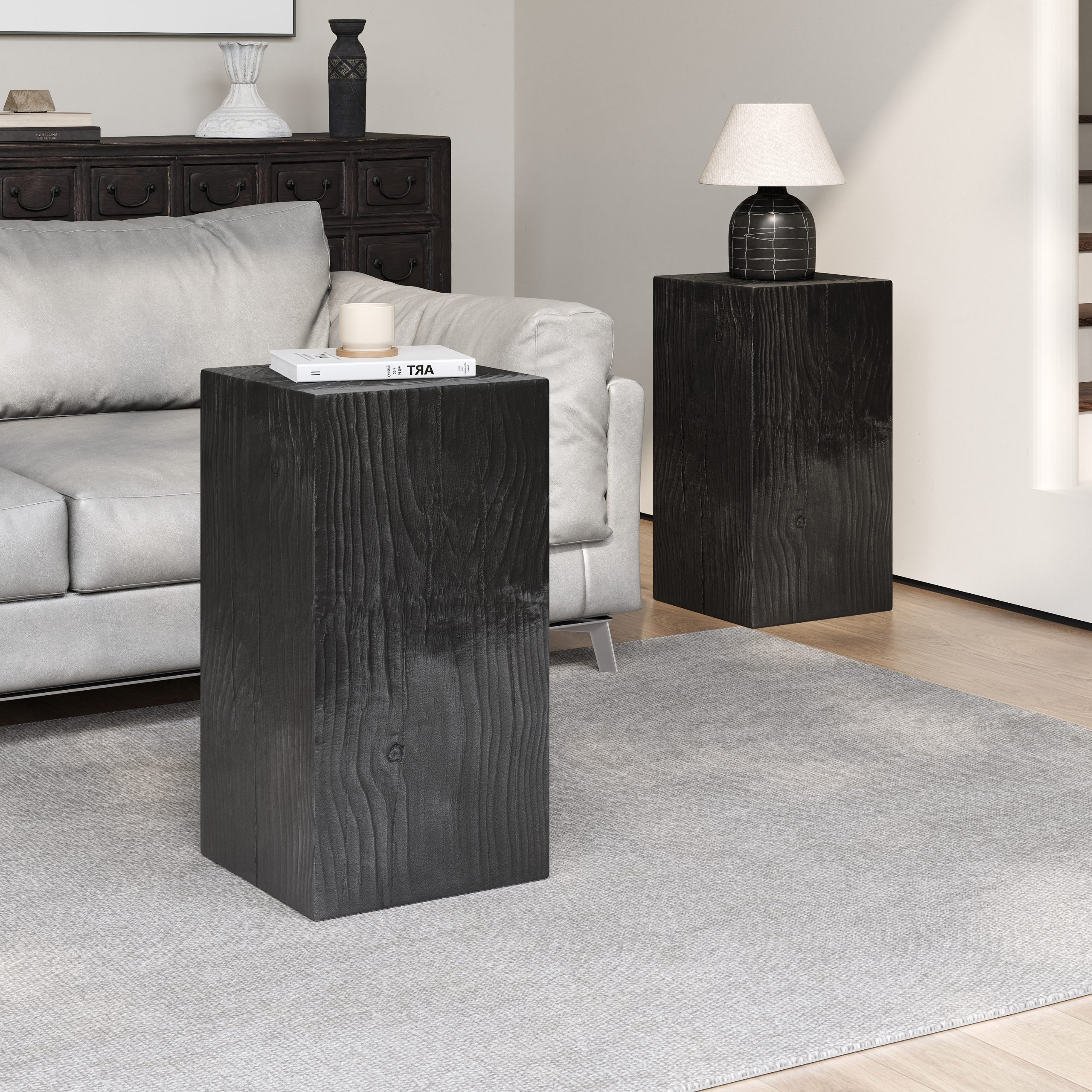 Wood-Look Square-Column MGO End Table, H27.75",Wood-Like Distressed Finish, Mix with Different Heights, Indoor Outdoor Use,Black Color - Image 4