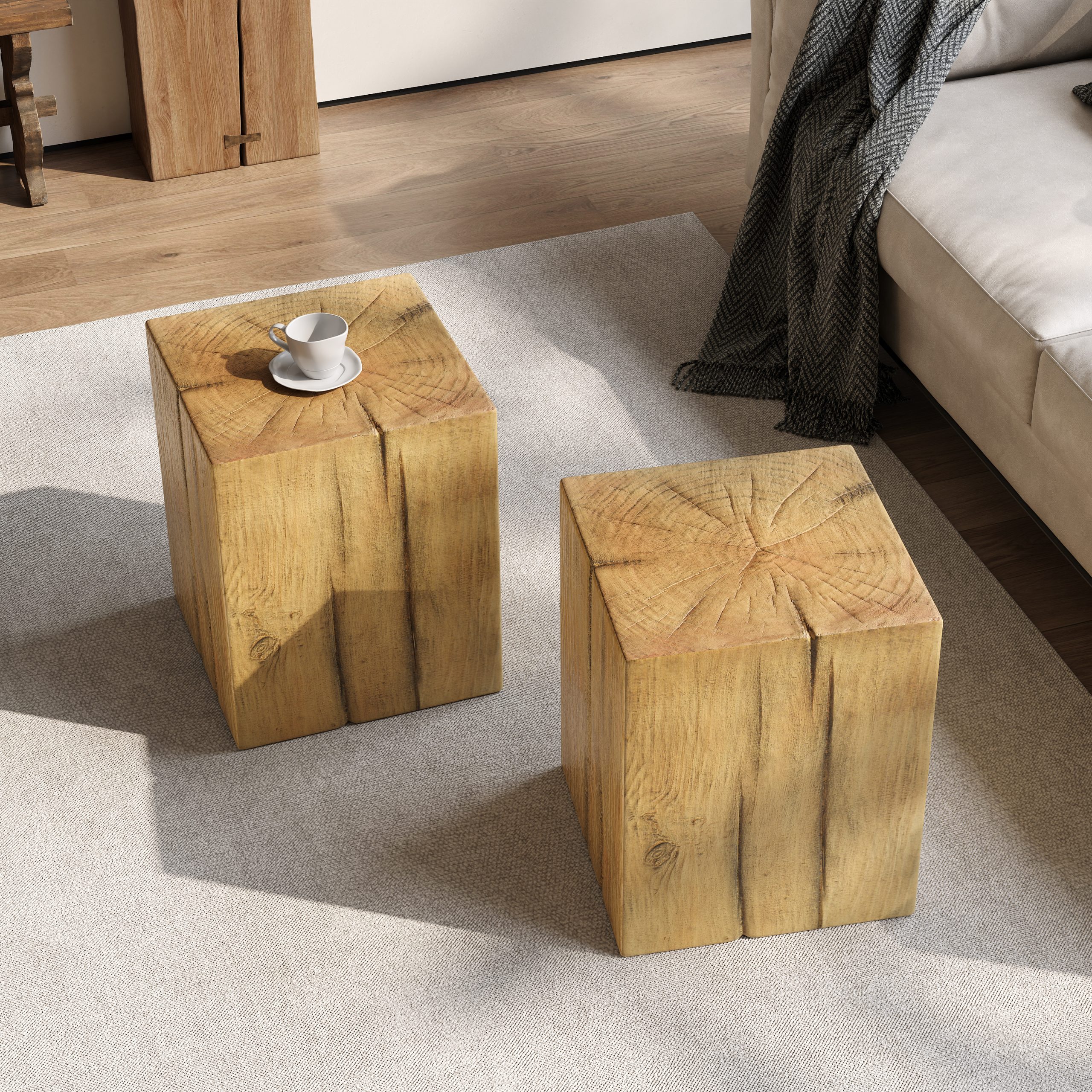 Wood-Look Square-Column MGO End Table, H18",Wood-Like Distressed Finish, Mix with Different Heights, Indoor Outdoor Use,Natural Color - Image 4