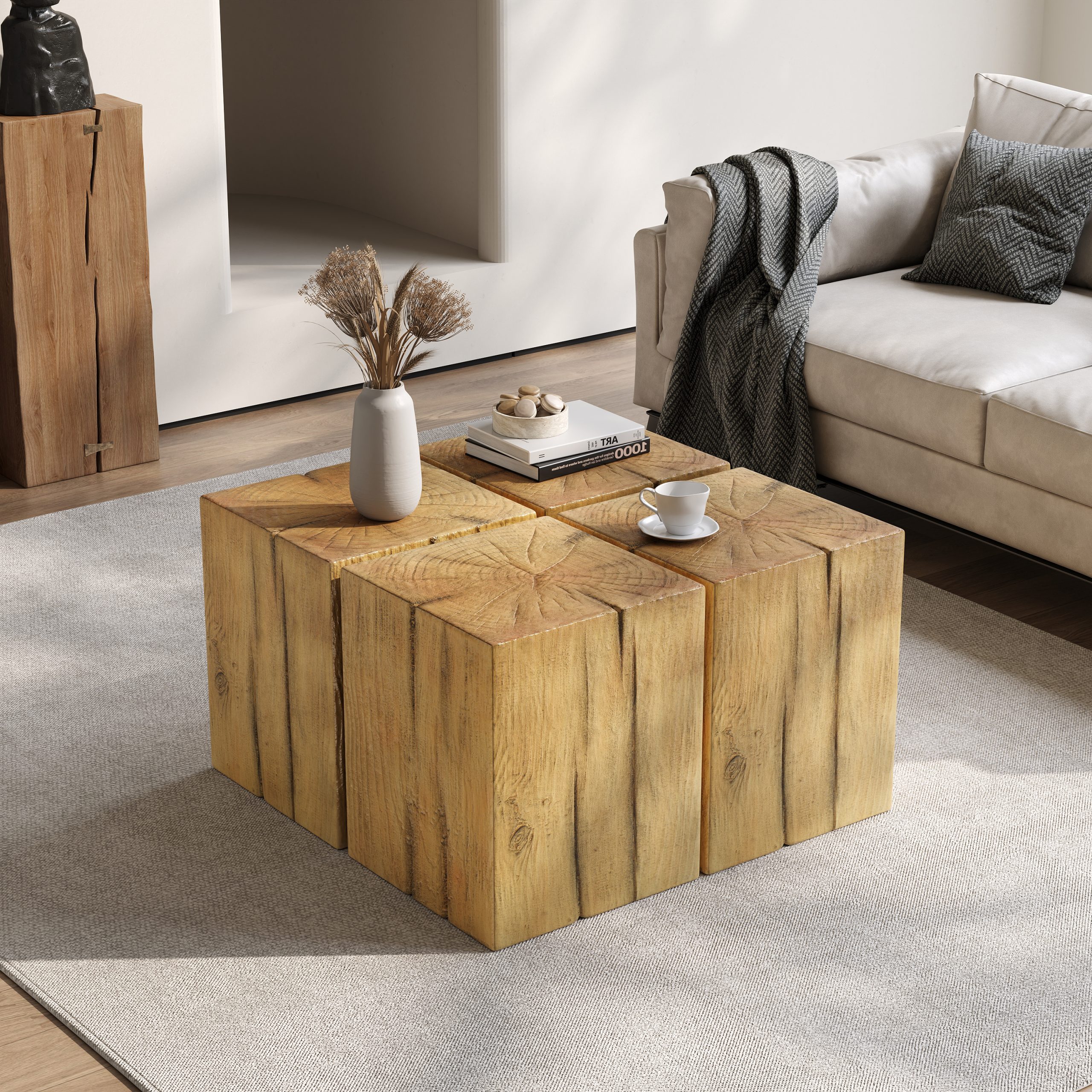 Wood-Look Square-Column MGO End Table, H18",Wood-Like Distressed Finish, Mix with Different Heights, Indoor Outdoor Use,Natural Color - Image 5