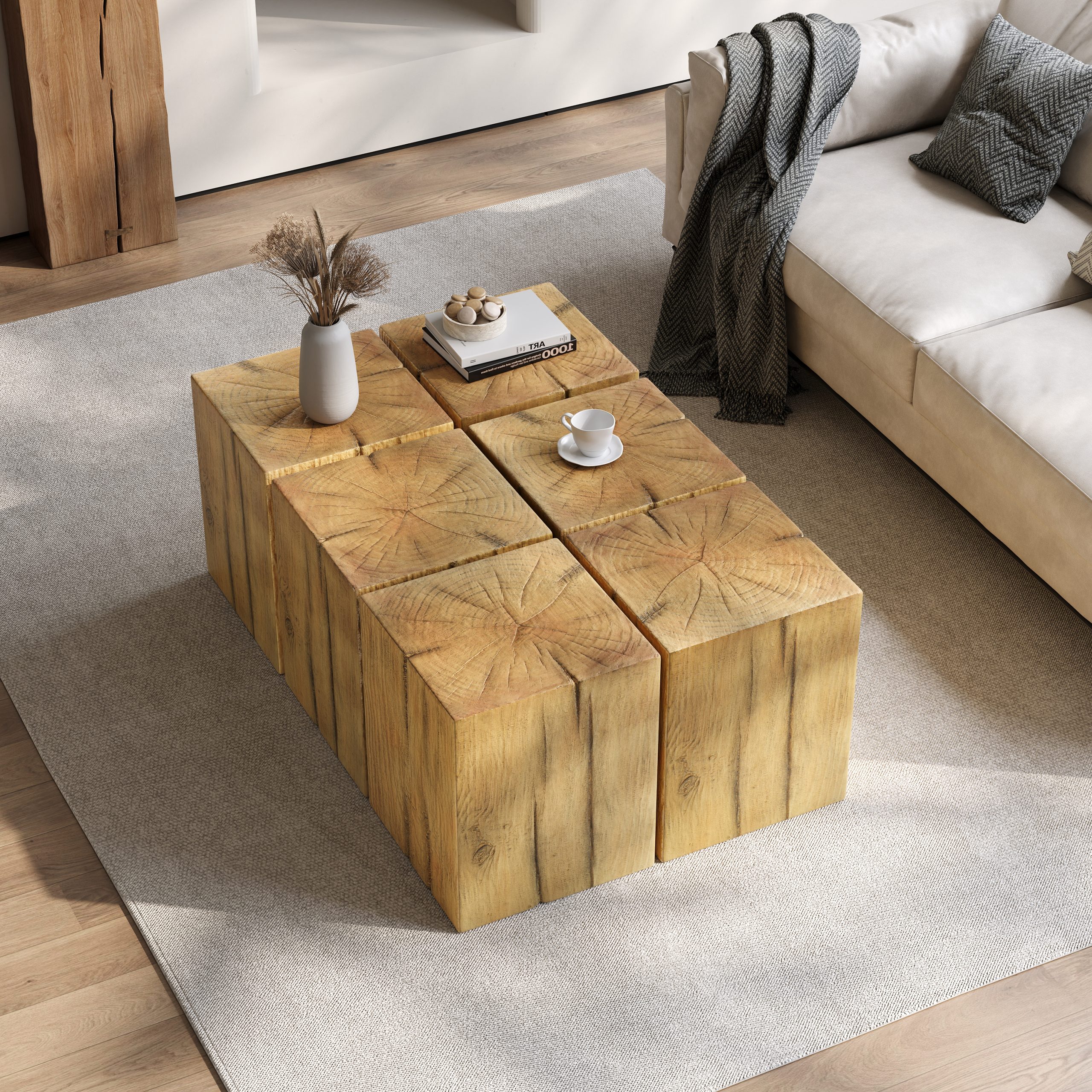 Wood-Look Square-Column MGO End Table, H18",Wood-Like Distressed Finish, Mix with Different Heights, Indoor Outdoor Use,Natural Color - Image 6