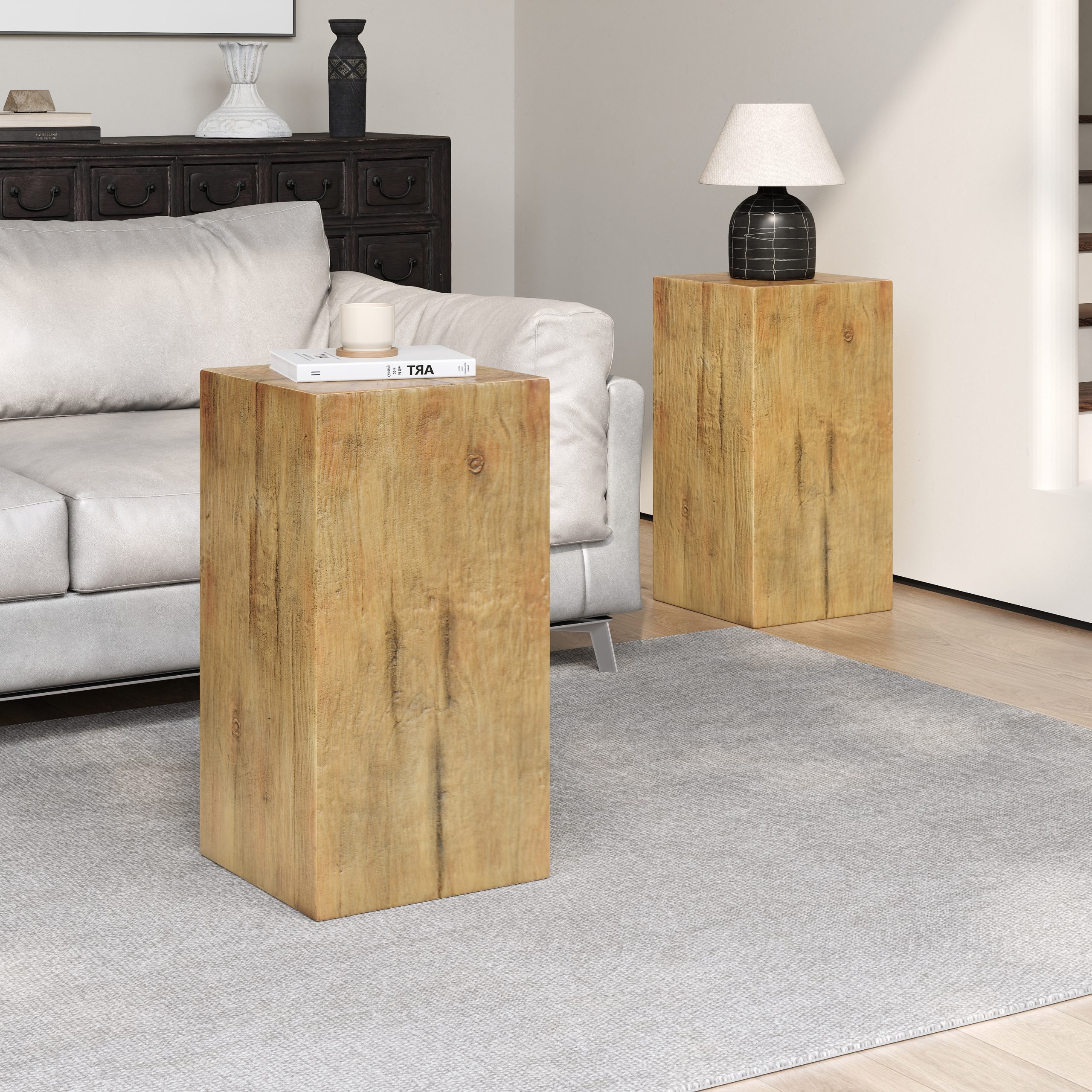 Wood-Look Square-Column MGO End Table, H27.75",Wood-Like Distressed Finish, Mix with Different Heights, Indoor Outdoor Use,Natural Color - Image 4