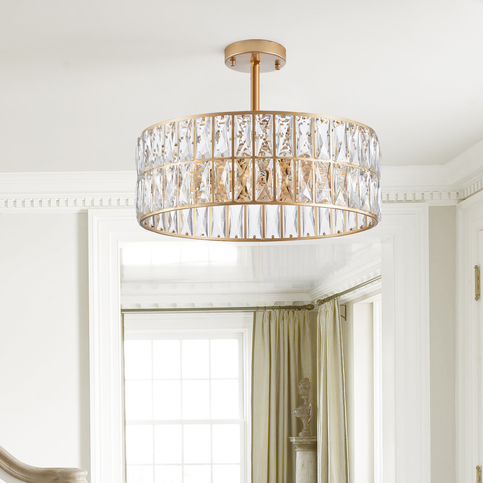 (L5025-450-G/W1340P189450)18" Golden Modern Crystal Drum Chandelier, 6-Light Pendant Lighting Fixture with Metal Frame for Living Room, Dining Room, and Bedroom (Bulbs Not Included) - Image 2
