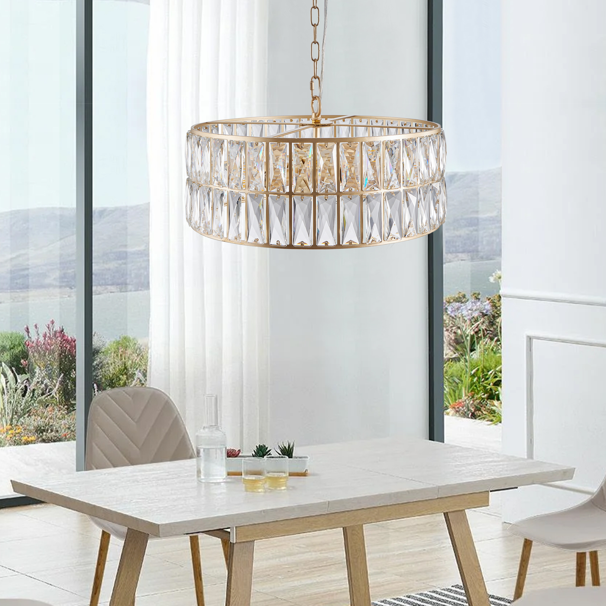 (L5025-450-G/W1340P189450)18" Golden Modern Crystal Drum Chandelier, 6-Light Pendant Lighting Fixture with Metal Frame for Living Room, Dining Room, and Bedroom (Bulbs Not Included) - Image 3