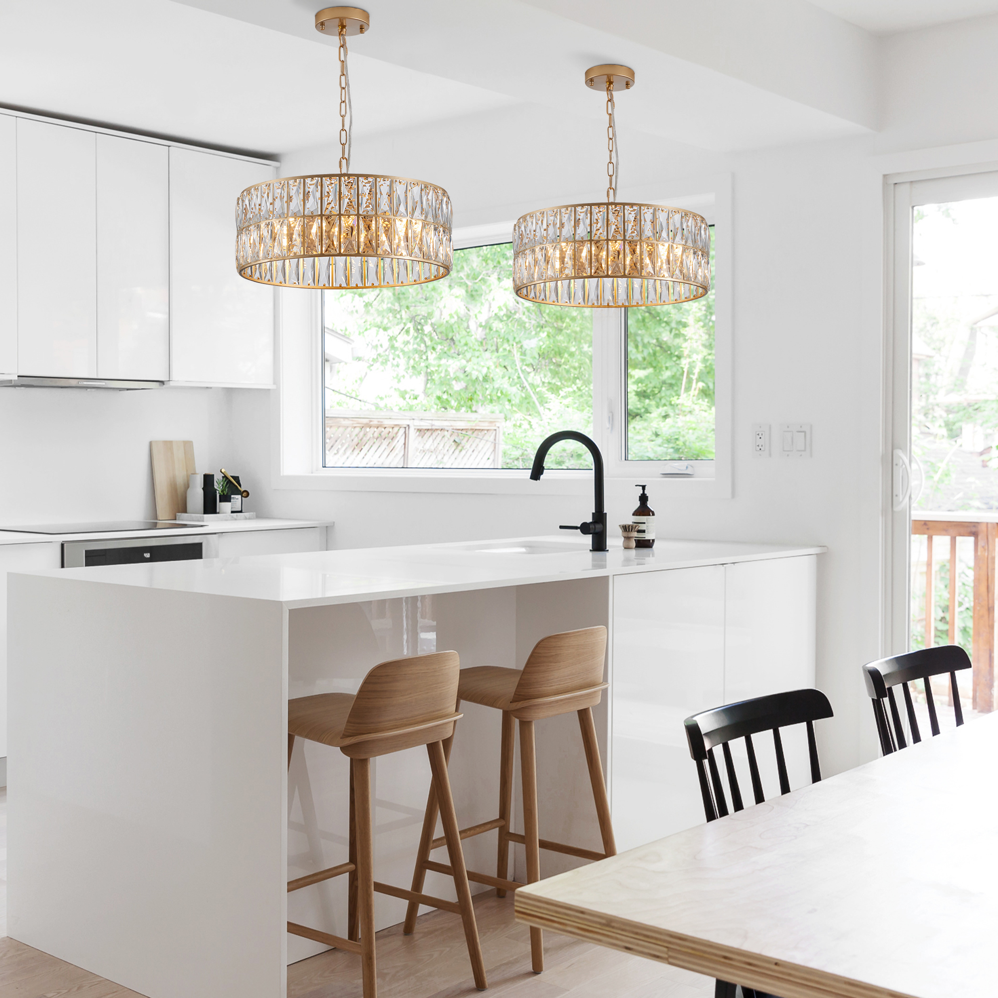 (L5025-450-G/W1340P189450)18" Golden Modern Crystal Drum Chandelier, 6-Light Pendant Lighting Fixture with Metal Frame for Living Room, Dining Room, and Bedroom (Bulbs Not Included) - Image 4
