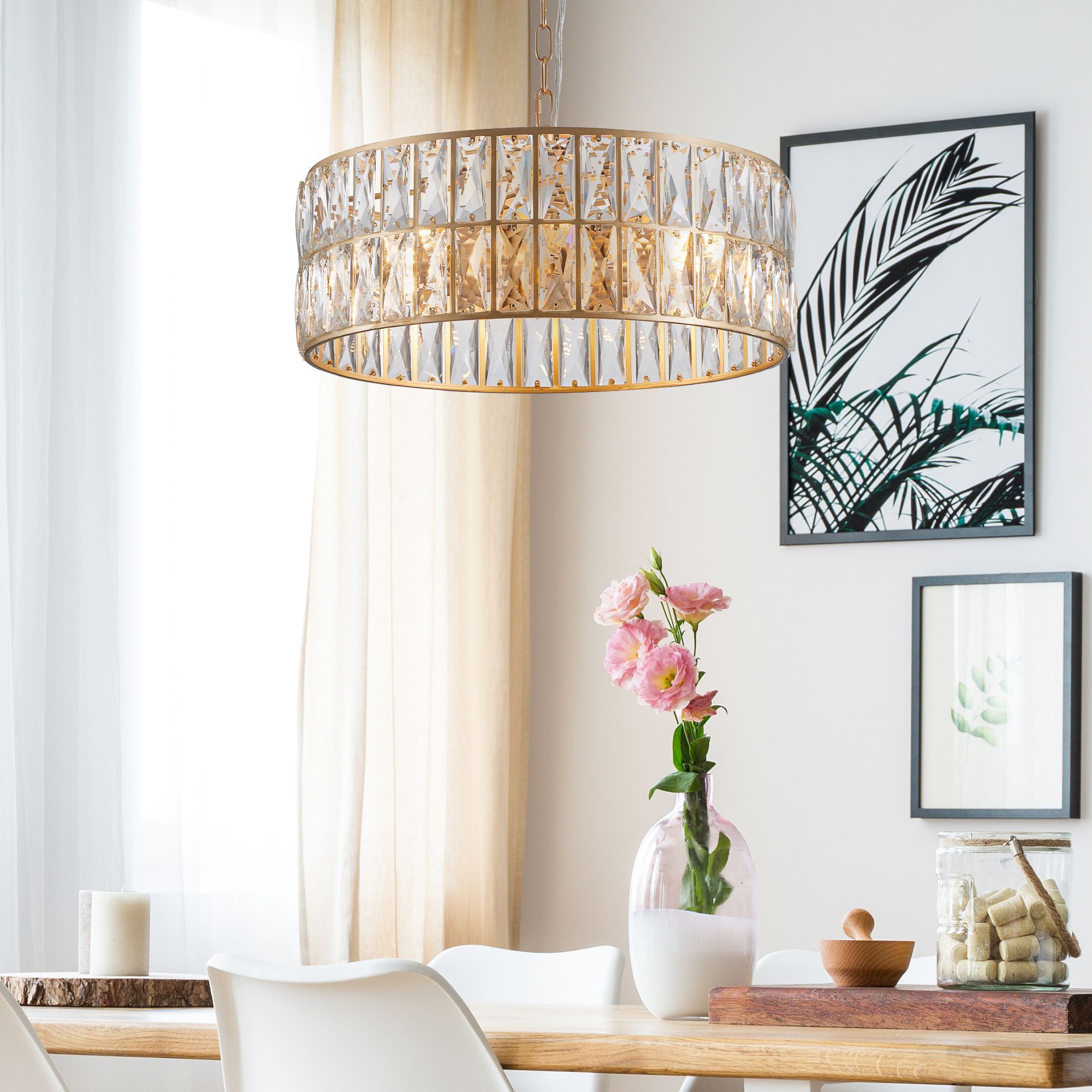 (L5025-450-G/W1340P189450)18" Golden Modern Crystal Drum Chandelier, 6-Light Pendant Lighting Fixture with Metal Frame for Living Room, Dining Room, and Bedroom (Bulbs Not Included) - Image 5