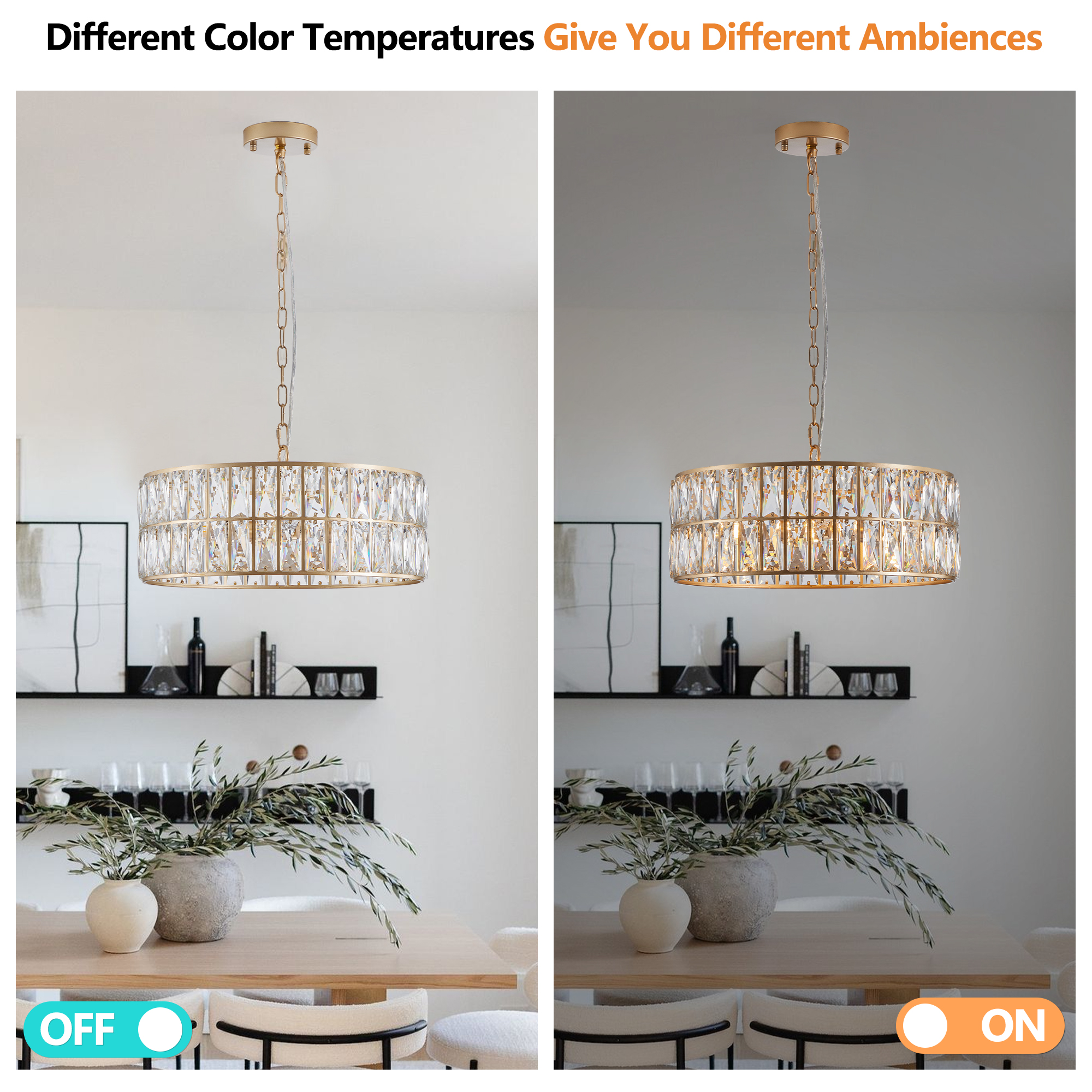 (L5025-450-G/W1340P189450)18" Golden Modern Crystal Drum Chandelier, 6-Light Pendant Lighting Fixture with Metal Frame for Living Room, Dining Room, and Bedroom (Bulbs Not Included) - Image 6