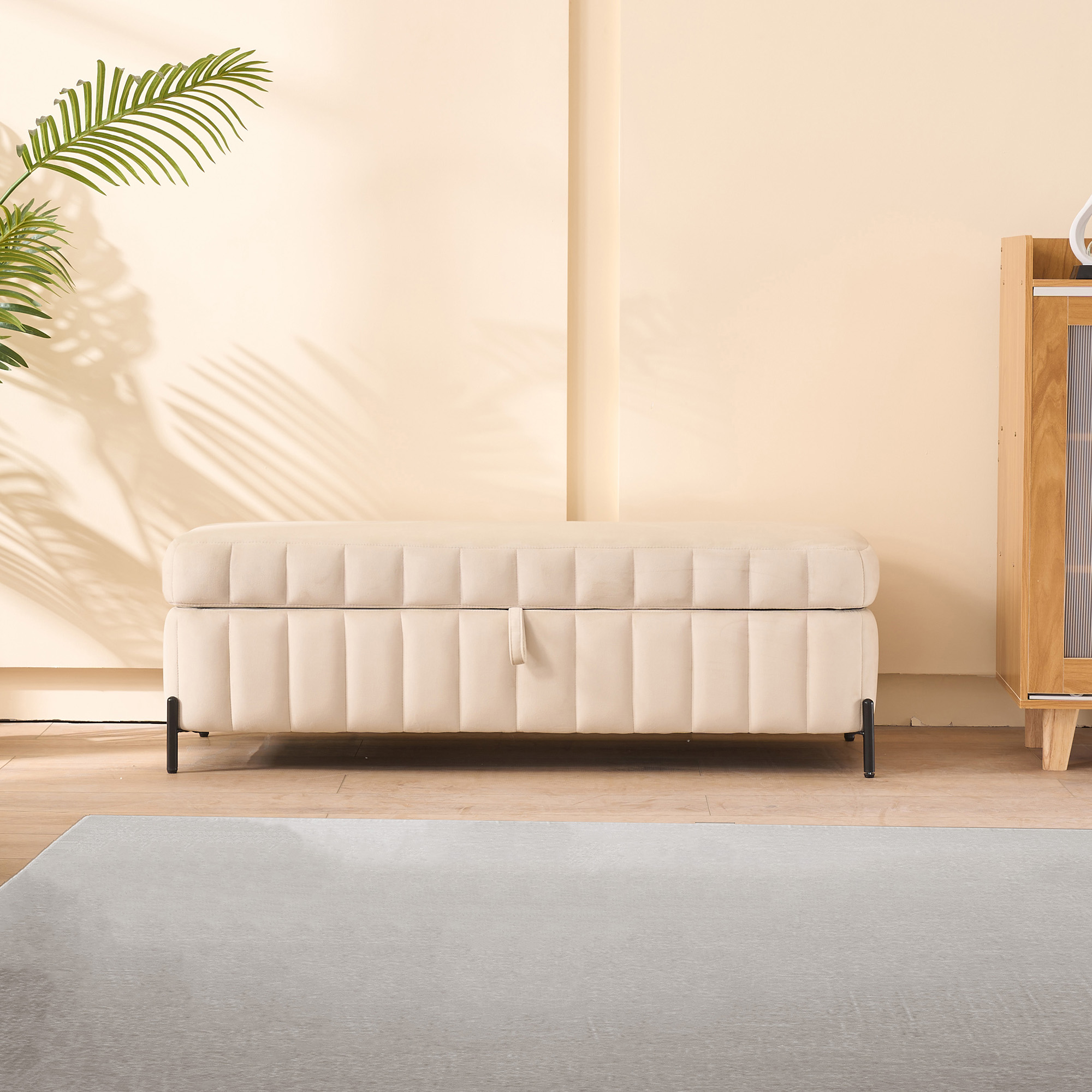 49.21" Wide Upholstered Velvet Storage Soft Bench Footstool Ottoman End of Bed with Metal Legs, Foot Rest for Living Room, Entryway and Bedroom. Beige - Image 2