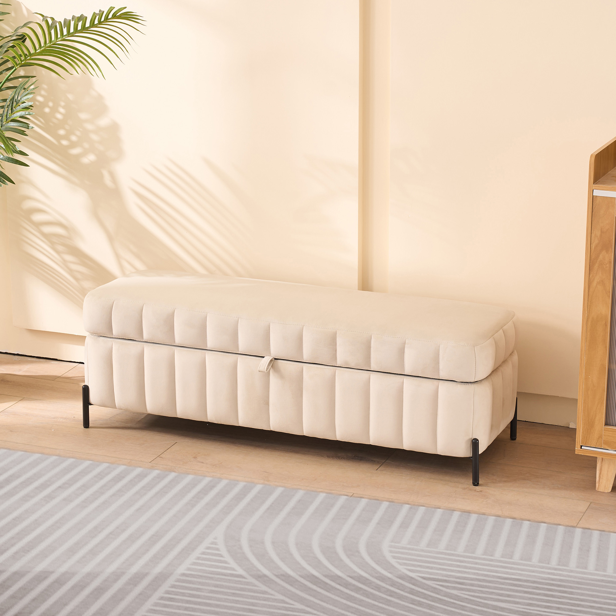 49.21" Wide Upholstered Velvet Storage Soft Bench Footstool Ottoman End of Bed with Metal Legs, Foot Rest for Living Room, Entryway and Bedroom. Beige - Image 3